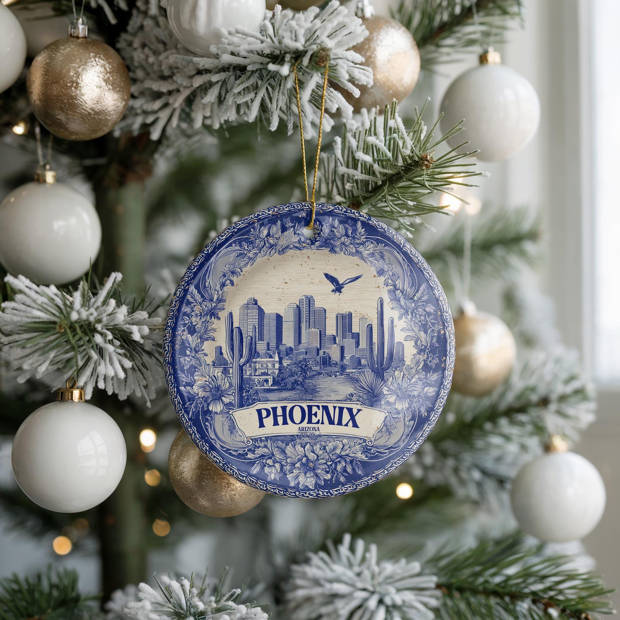 Custom Phoenix Arizona Ceramic Delft Ornament, Christmas Delftware Blue Delftware city travel