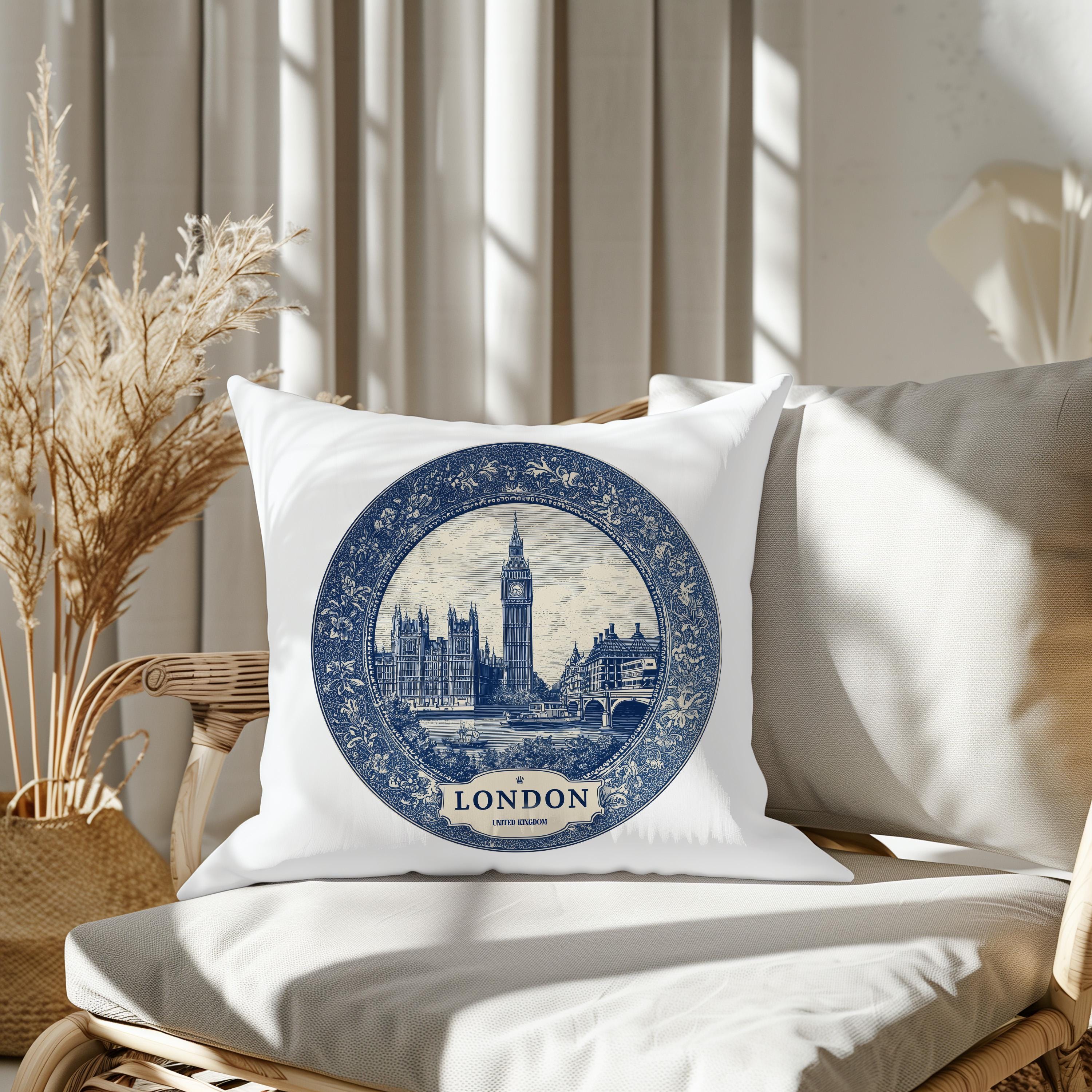 London UK Pillowcase, Delft Style Decorative Throw Pillow, Vintage Cityscape Retro Home Decor