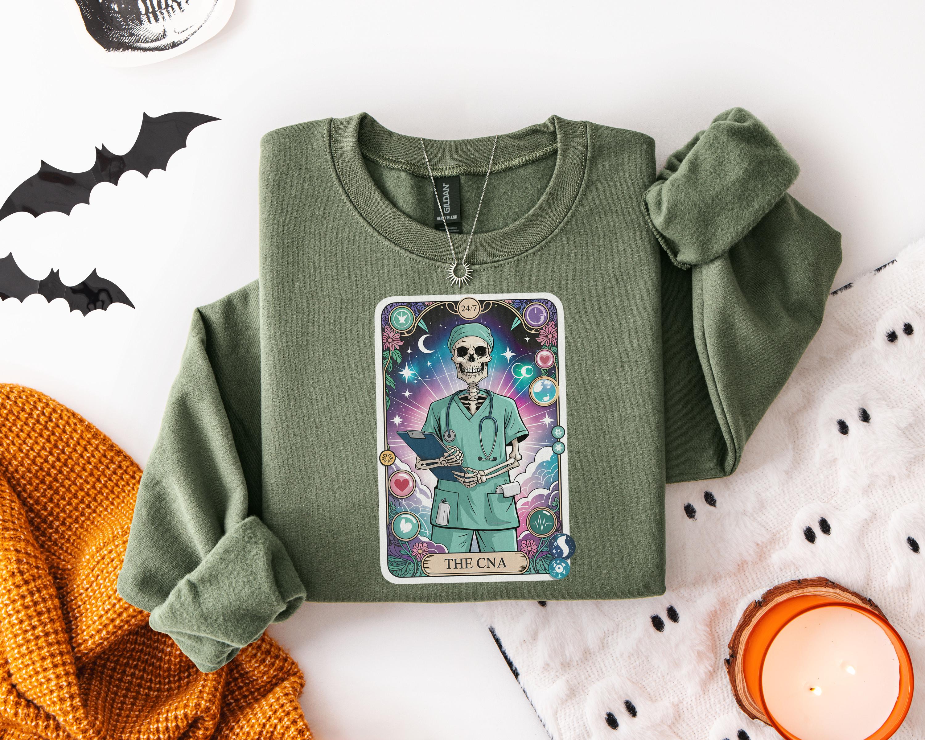 CNA Spooky Season Nurse Sweatshirt: Halloween Tarot Card Skeleton Design