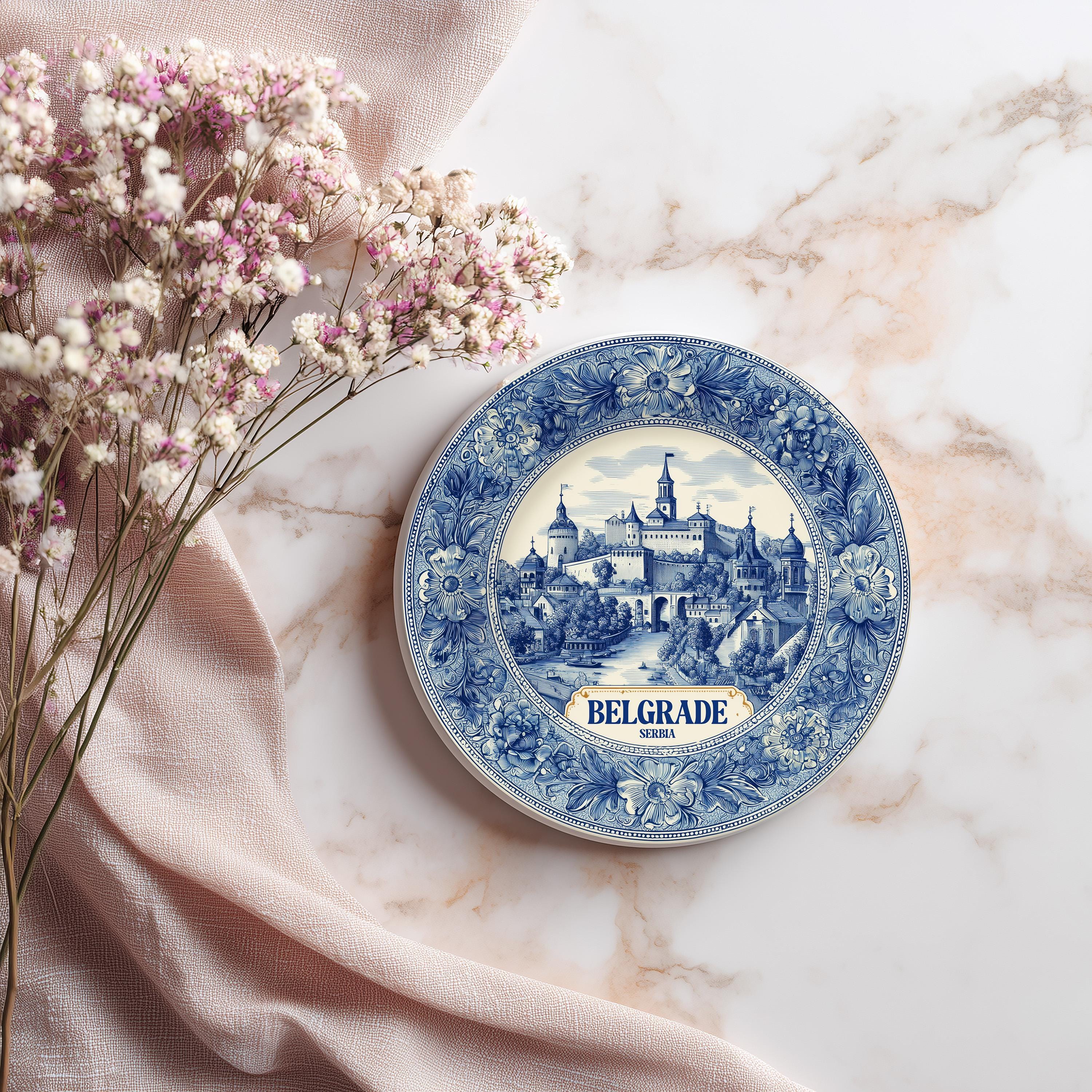 Belgrade Serbia Delftware Ceramic Coaster, Blue White Travel Gift, Vintage Home Decor Collectible