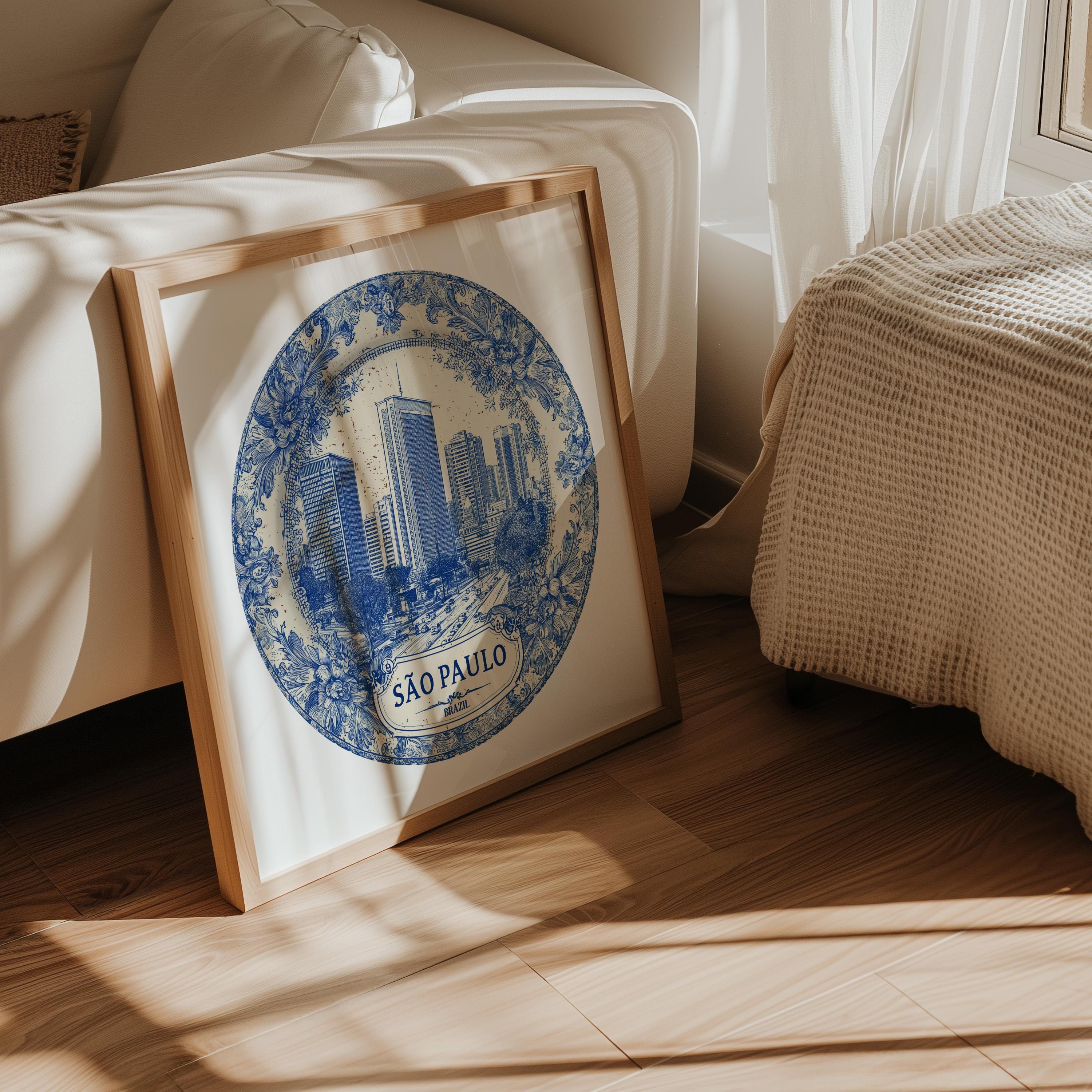 Sao Paulo Brazil Wall Art, Vintage Delft Blue Poster, City Print, Travel Home Decor