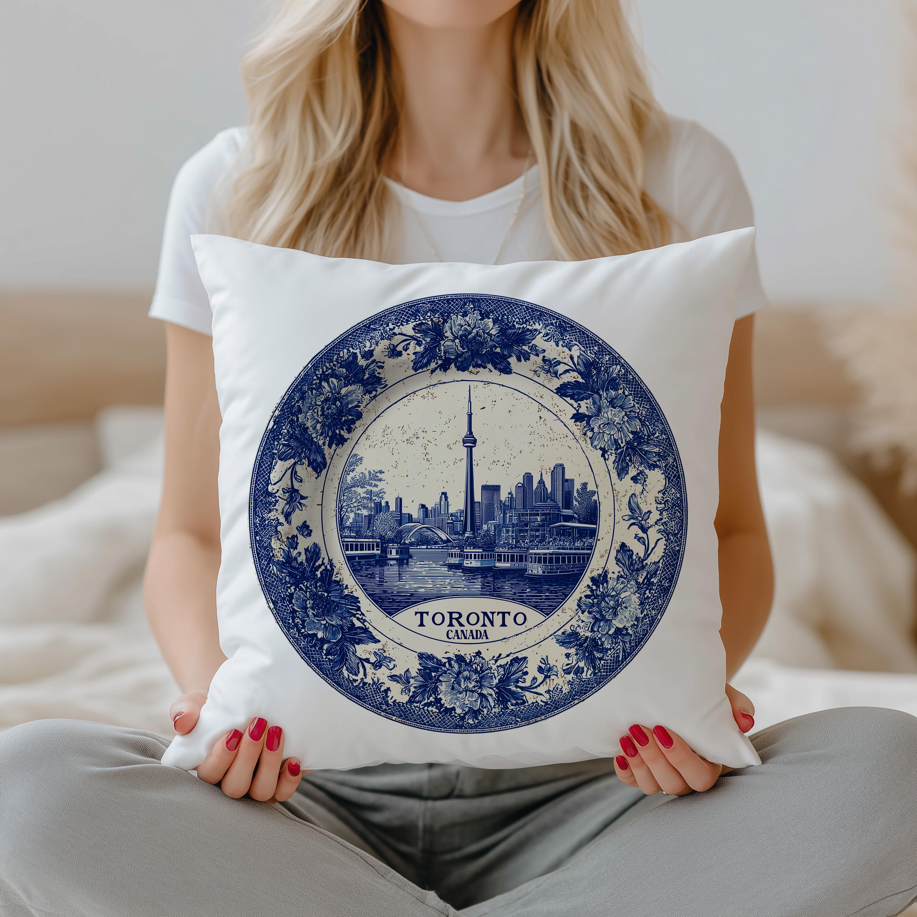 Toronto Canada Pillowcase, Delft Style Decorative Throw Pillow, Vintage Cityscape Retro Home Decor
