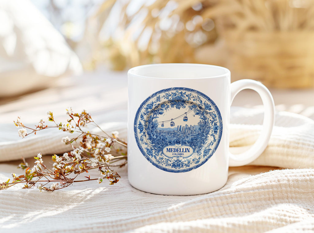Medellin Colombia Mug, Custom Delft Style cup, Personalized Vintage Travel City Gift