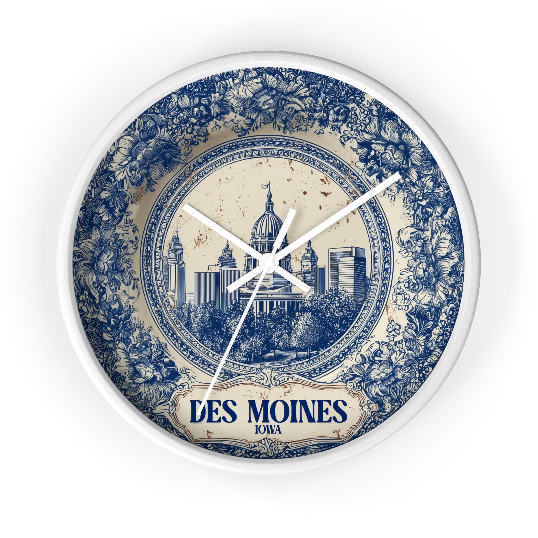 Des Moines Iowa Wall Clock, Delf style Home Decor, Vintage City Travel Keepsake Art