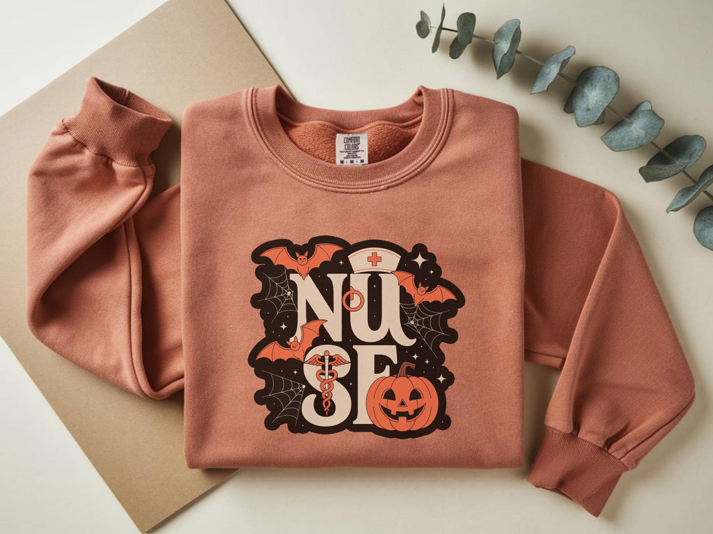 Halloween Nurse Comfort Colors Sweatshirt, Spooky RN Crewneck Pullover, Pumpkin Bat Ghost Print, Fall Nurse Gift Outfit