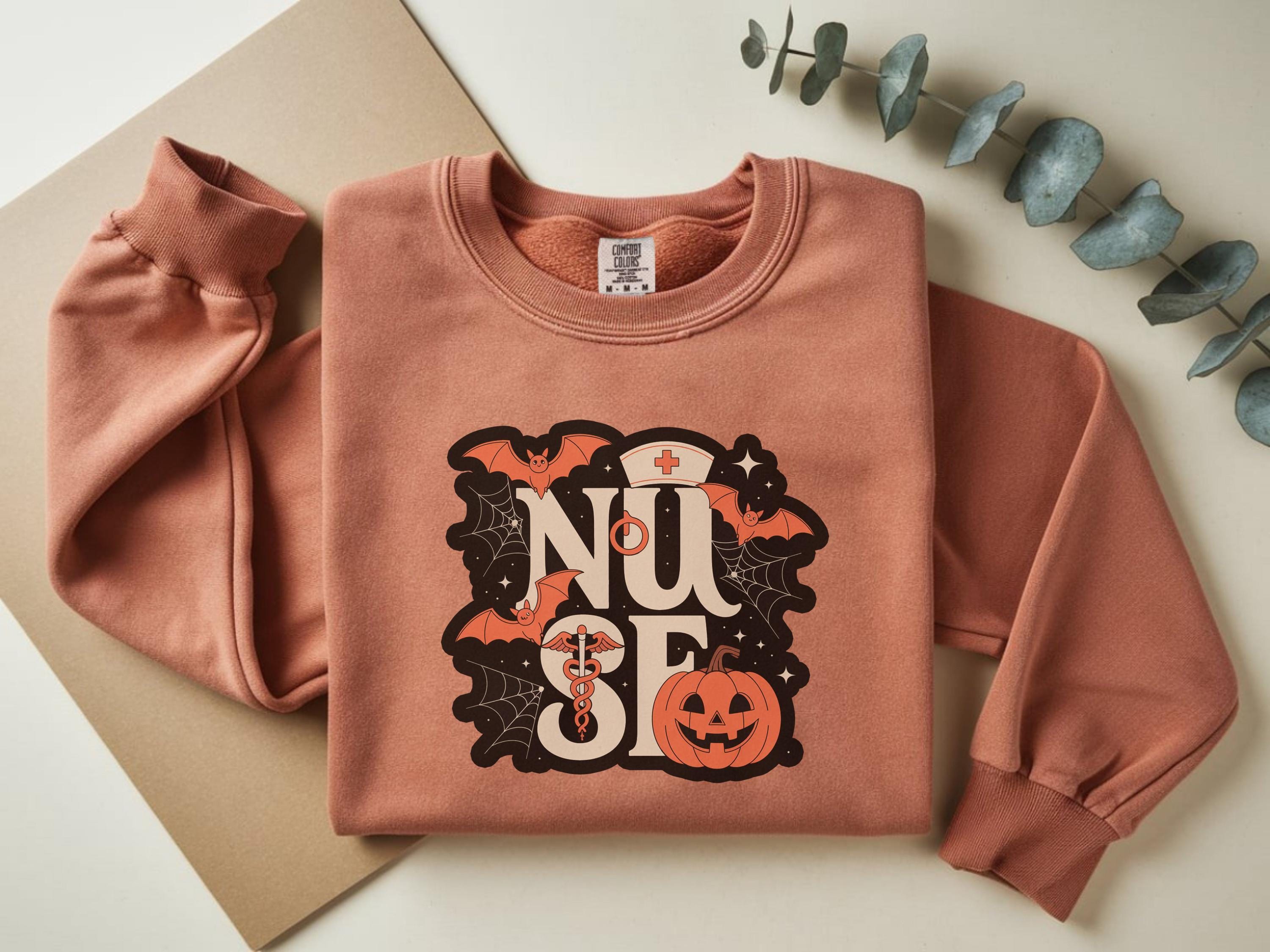 Halloween Nurse Comfort Colors Sweatshirt, Spooky RN Crewneck Pullover, Pumpkin Bat Ghost Print, Fall Nurse Gift Outfit