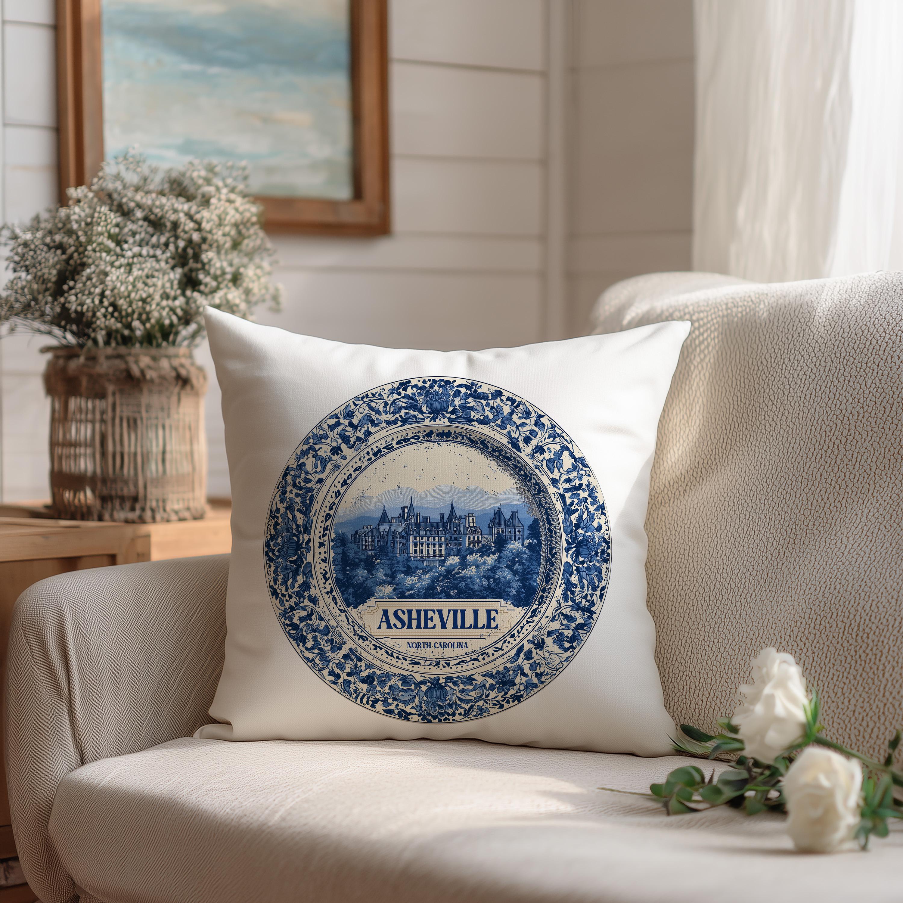 Asheville North Carolina Pillowcase, Delft Style Decorative Throw Pillow, Vintage Cityscape Retro Home Decor