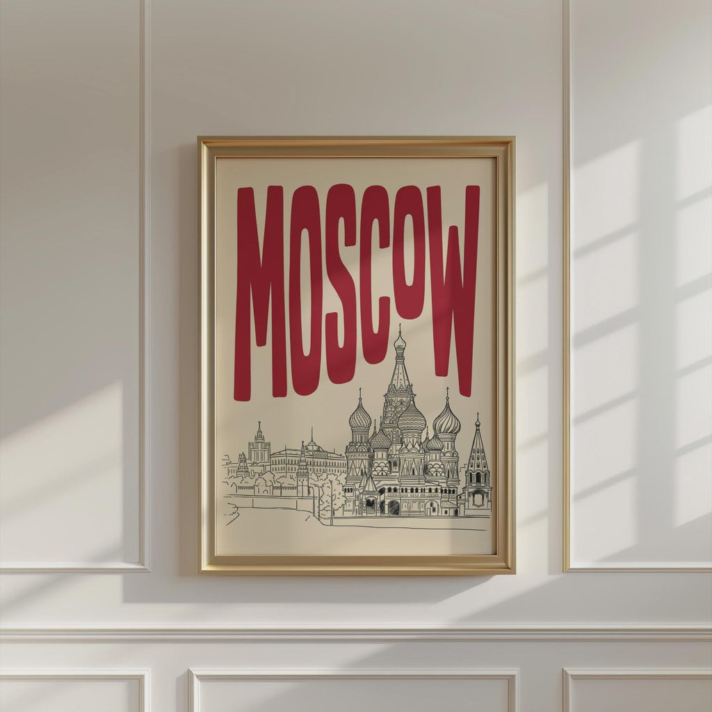 Moscow Skyline Wall Art, Framed Canvas Print, Retro Travel Poster Decor