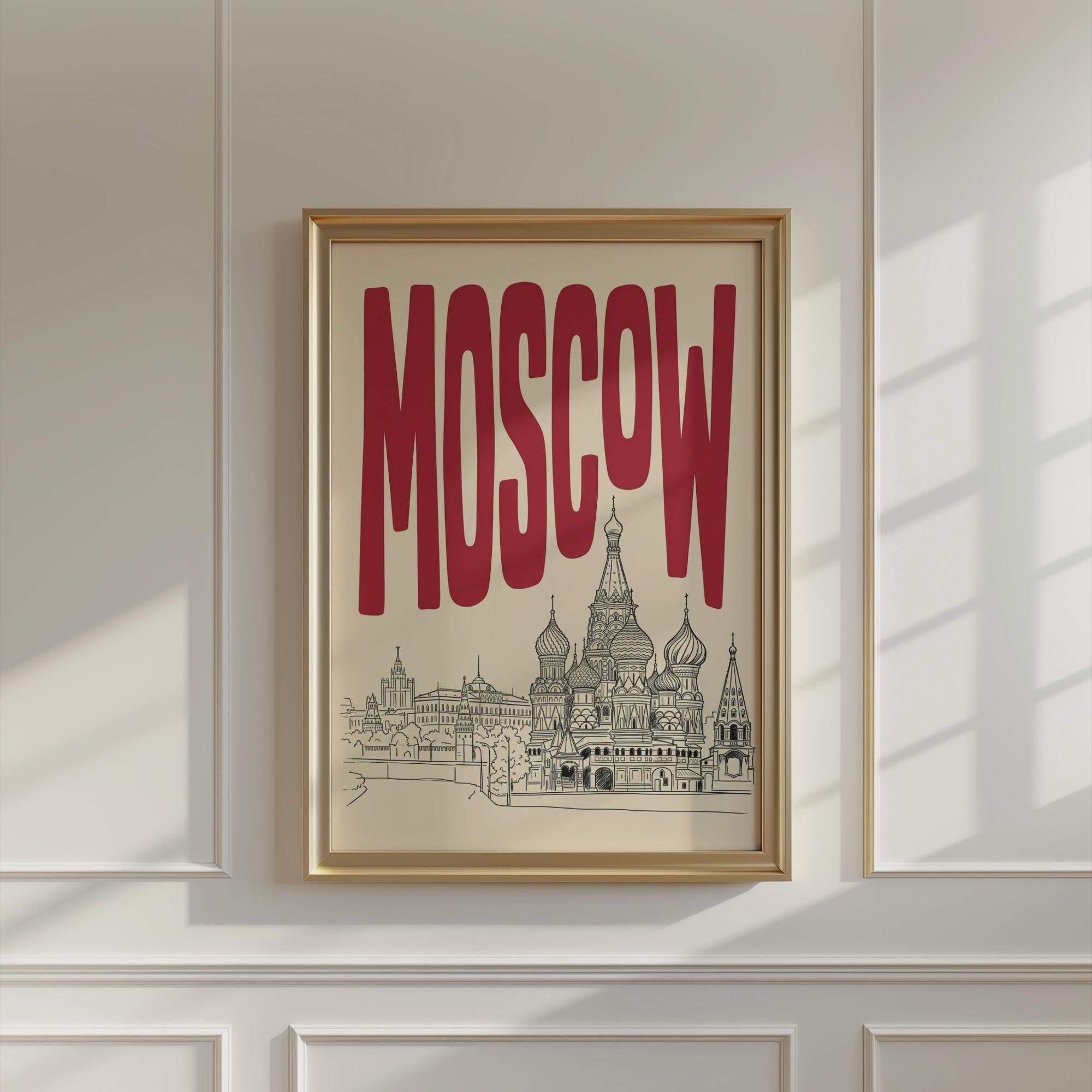 Moscow Skyline Wall Art, Framed Canvas Print, Retro Travel Poster Decor