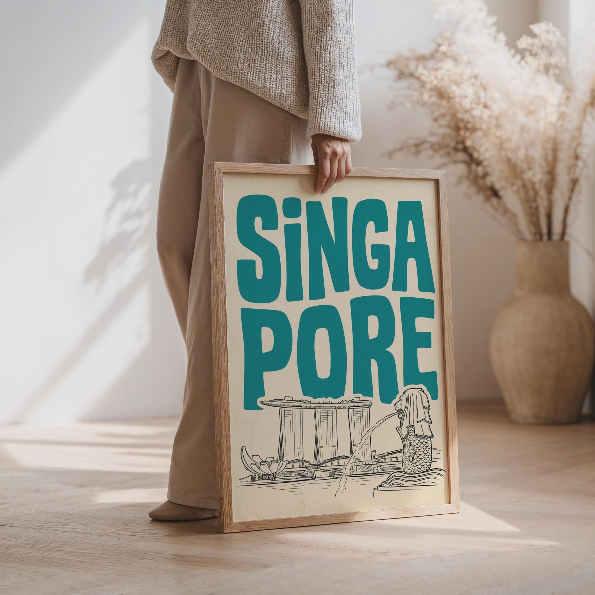 Singapore Skyline Wall Art, Retro Travel Print, Framed Canvas