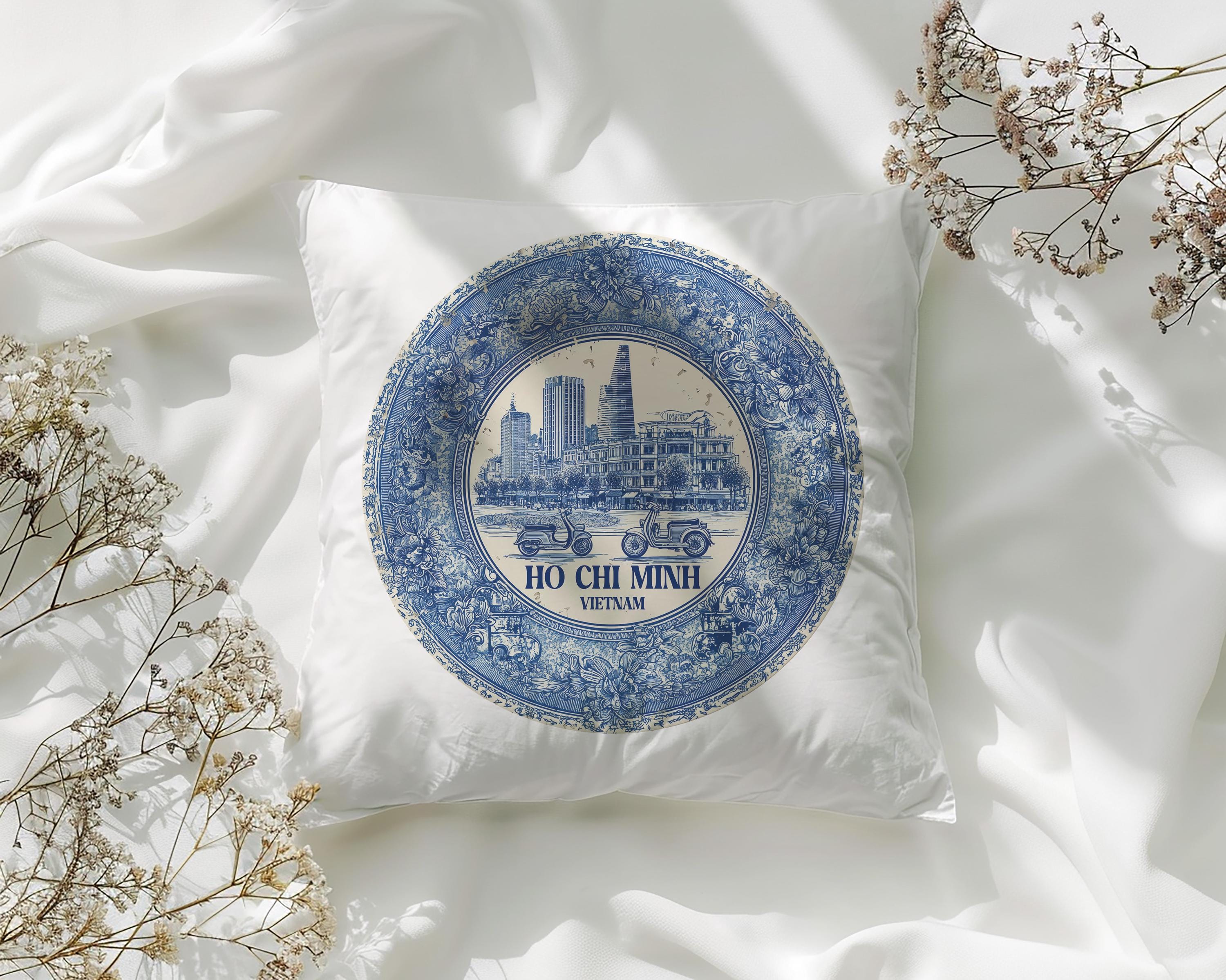 Ho Chi Minh City Vietnam Pillowcase, Delft Style Decorative Throw Pillow, Vintage Cityscape Retro Home Decor
