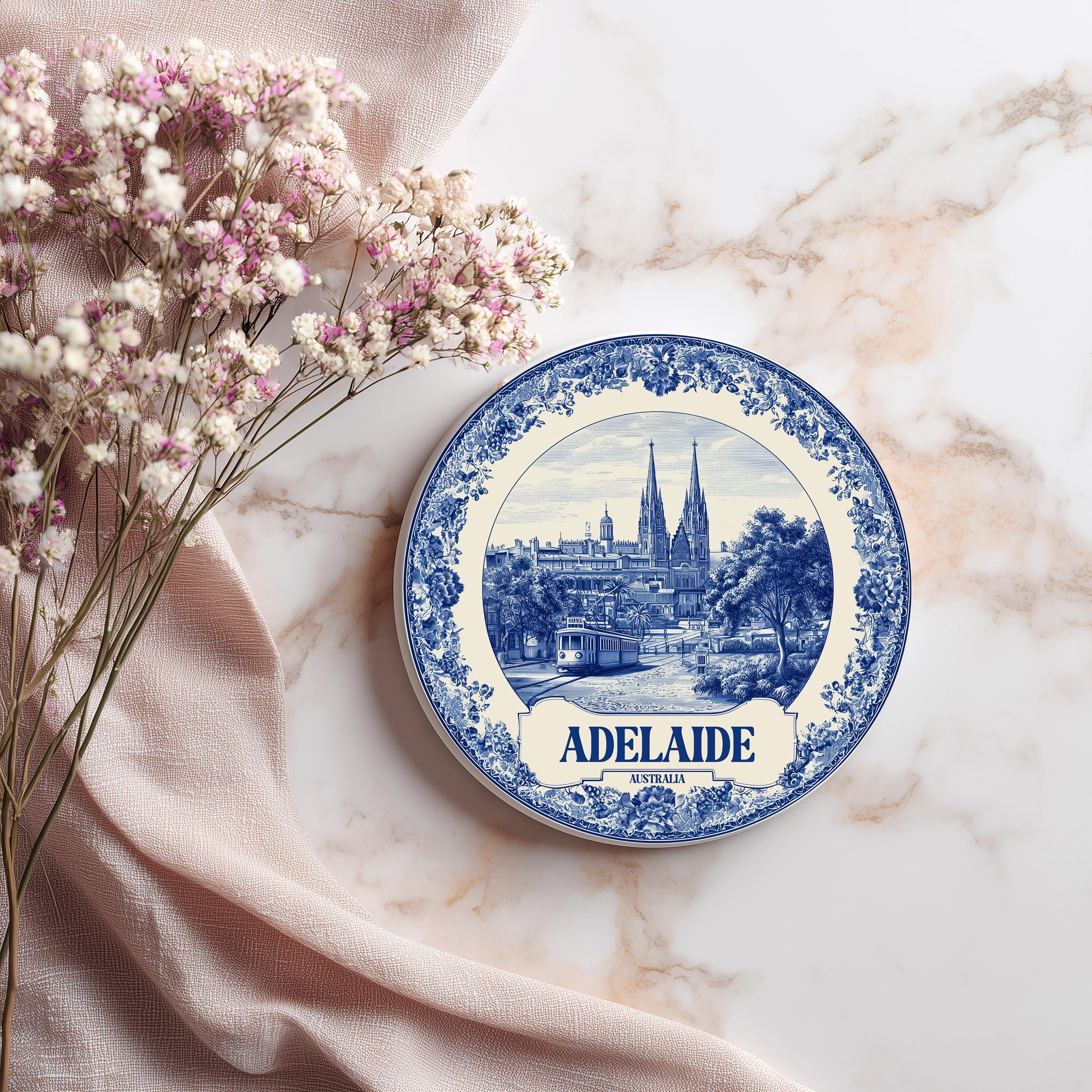 Adelaide Australia Delftware Ceramic Coaster, Blue White Travel Gift, Vintage Home Decor Collectible