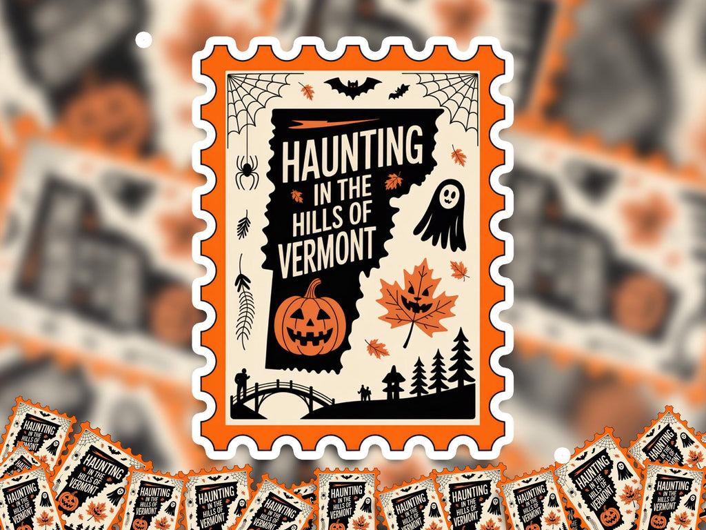Vermont Stamp Halloween Sticker, Spooky USA Kiss-Cut Vinyl, Waterproof Decal, United States Travel