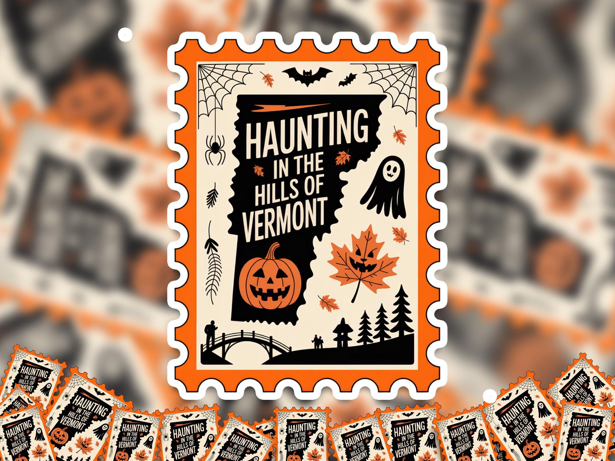 Vermont Stamp Halloween Sticker, Spooky USA Kiss-Cut Vinyl, Waterproof Decal, United States Travel