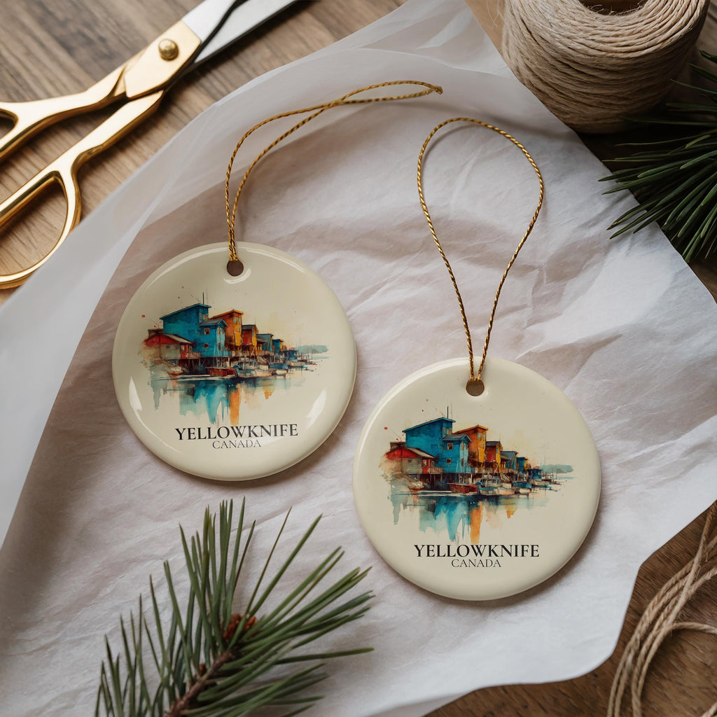 Yellowknife Canada Personalized Watercolor Ornament, Custom Ceramic Christmas gift, Travel Keepsake