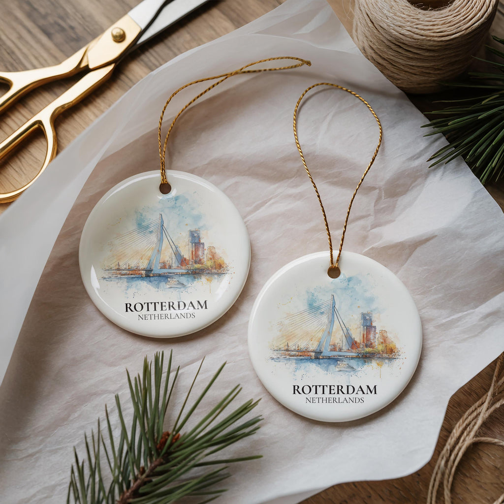 Rotterdam Netherlands Personalized Watercolor Ornament, Custom Ceramic Christmas gift, Travel Keepsake