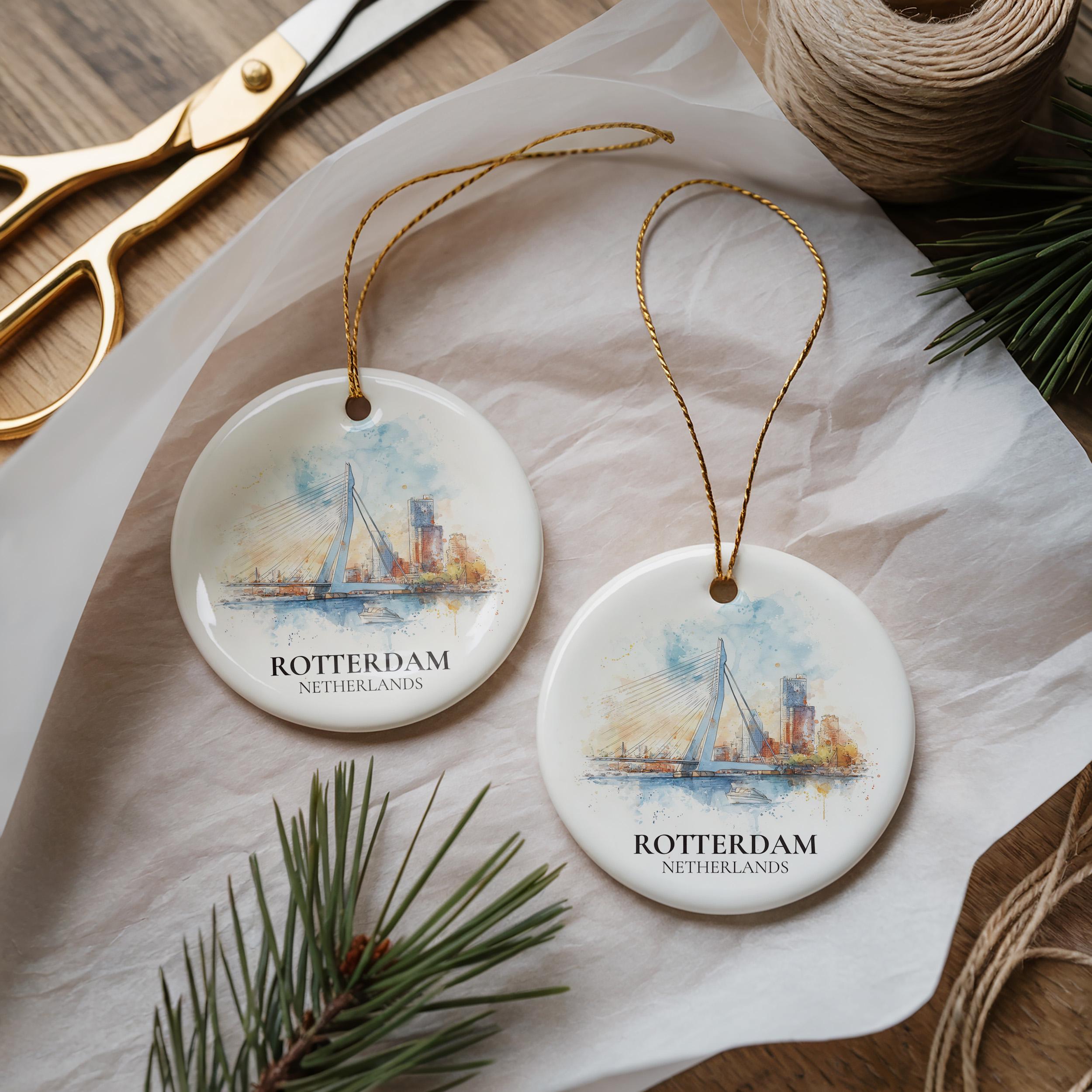 Rotterdam Netherlands Personalized Watercolor Ornament, Custom Ceramic Christmas gift, Travel Keepsake