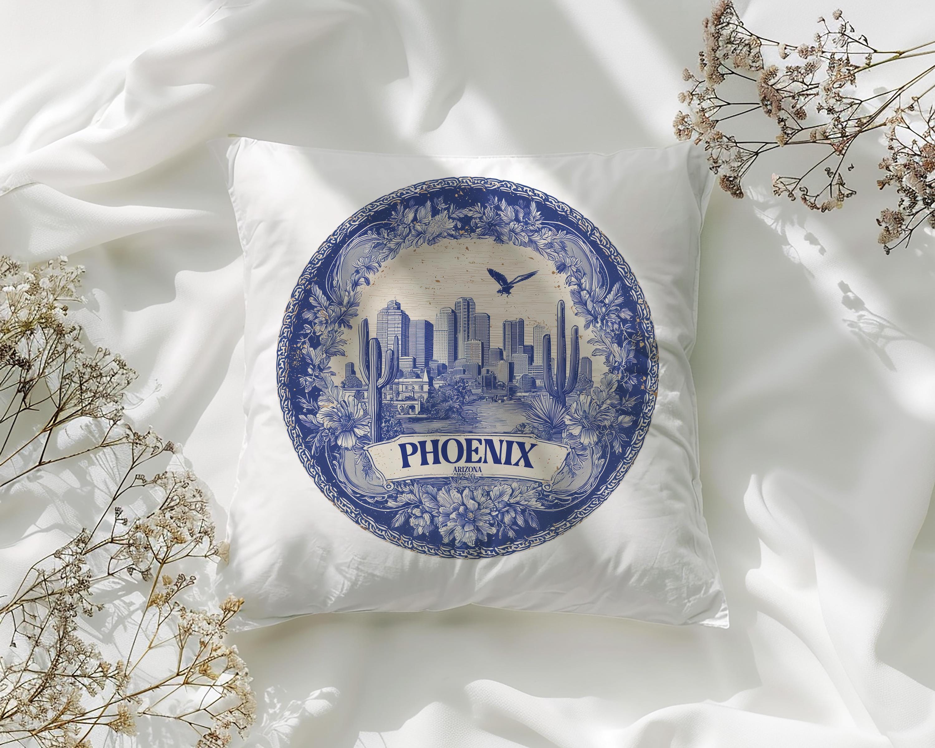Phoenix Arizona Pillowcase, Delft Style Decorative Throw Pillow, Vintage Cityscape Retro Home Decor