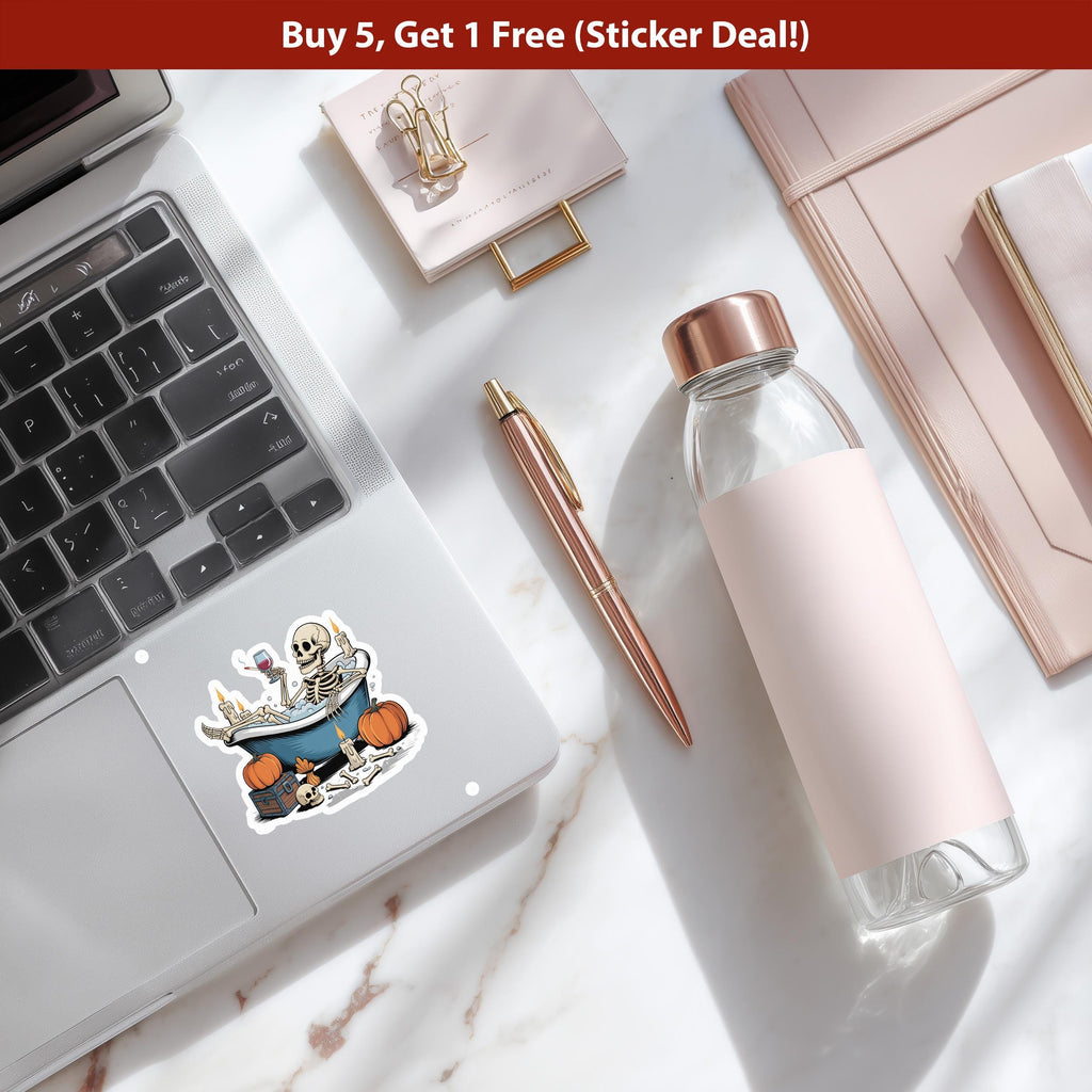 Tired Skeleton in bathtub Sticker, Spooky Halloween Waterproof Decal for tumbler, kindle