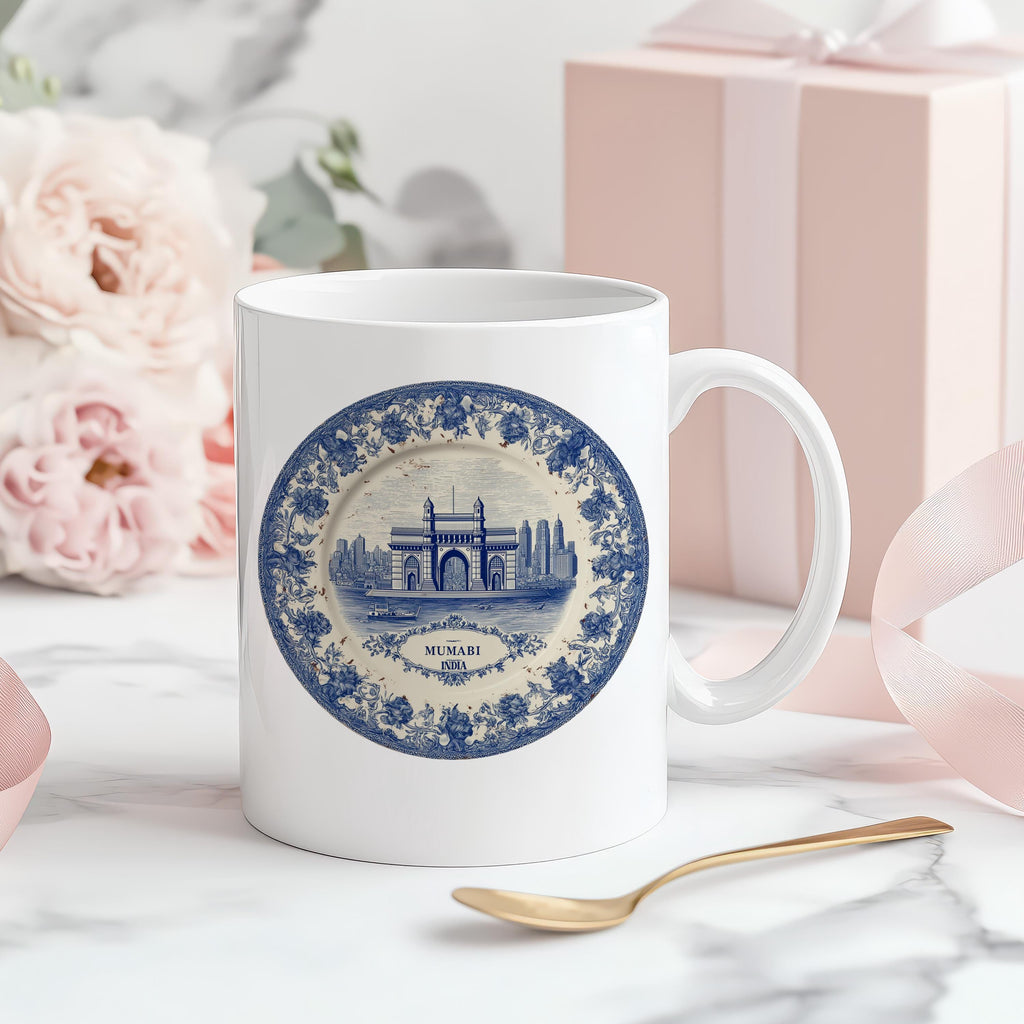 Mumbai India Mug, Custom Delft Style cup, Personalized Vintage Travel City Gift