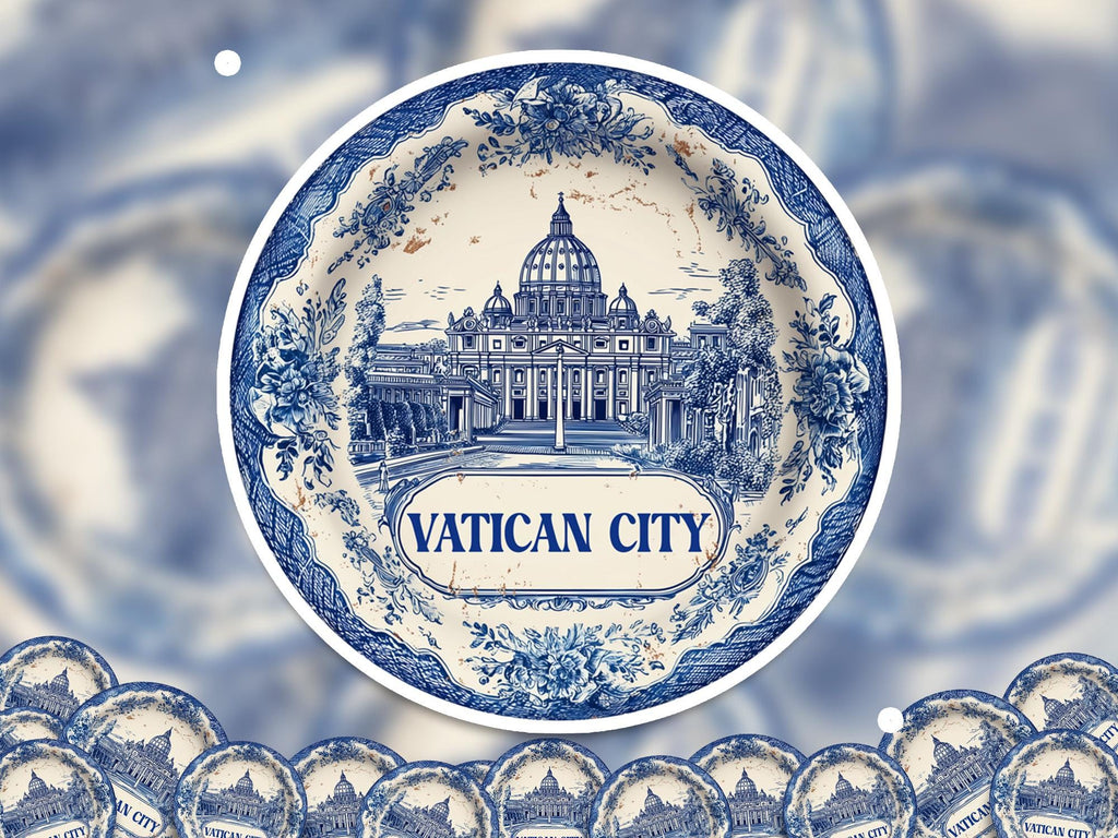 Vatican City Sticker Vintage Delft style, Delftware Decal Waterproof Vinyl, Blue City Travel