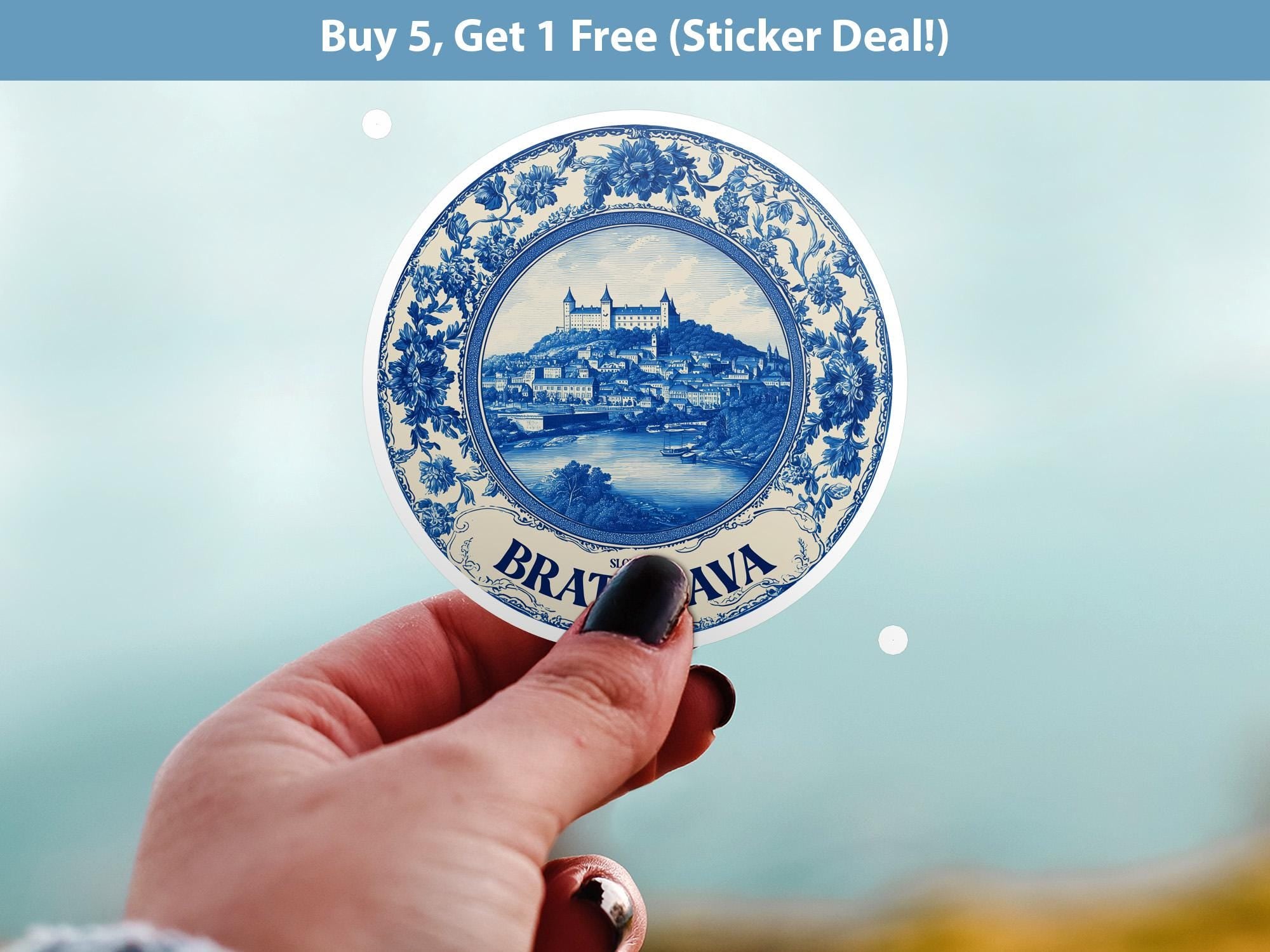 Bratislava Slovakia Sticker Vintage Delft style, Delftware Decal Waterproof Vinyl, Blue City Travel