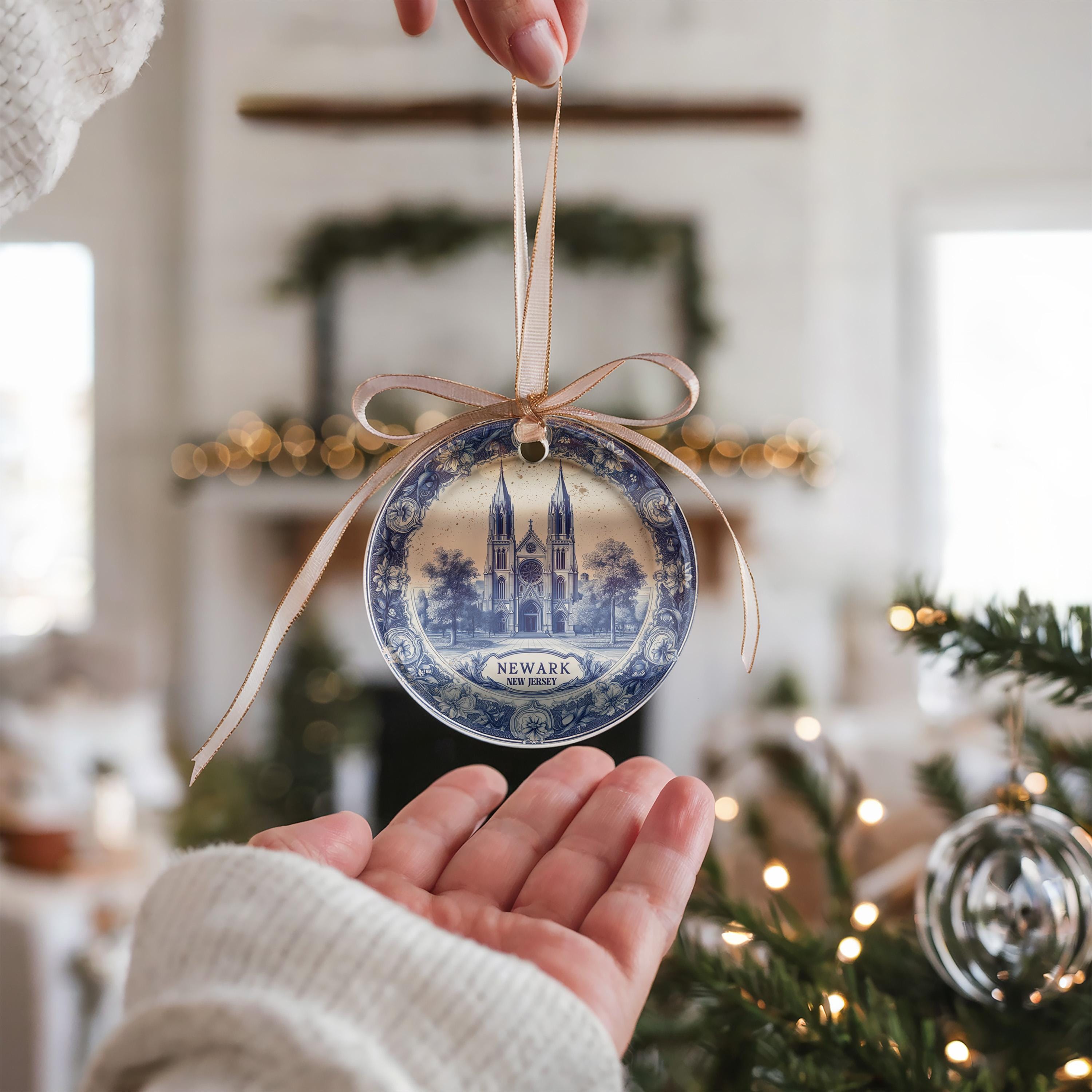 Custom Newark New Jersey Ceramic Delft Ornament, Christmas Delftware Blue Delftware city travel
