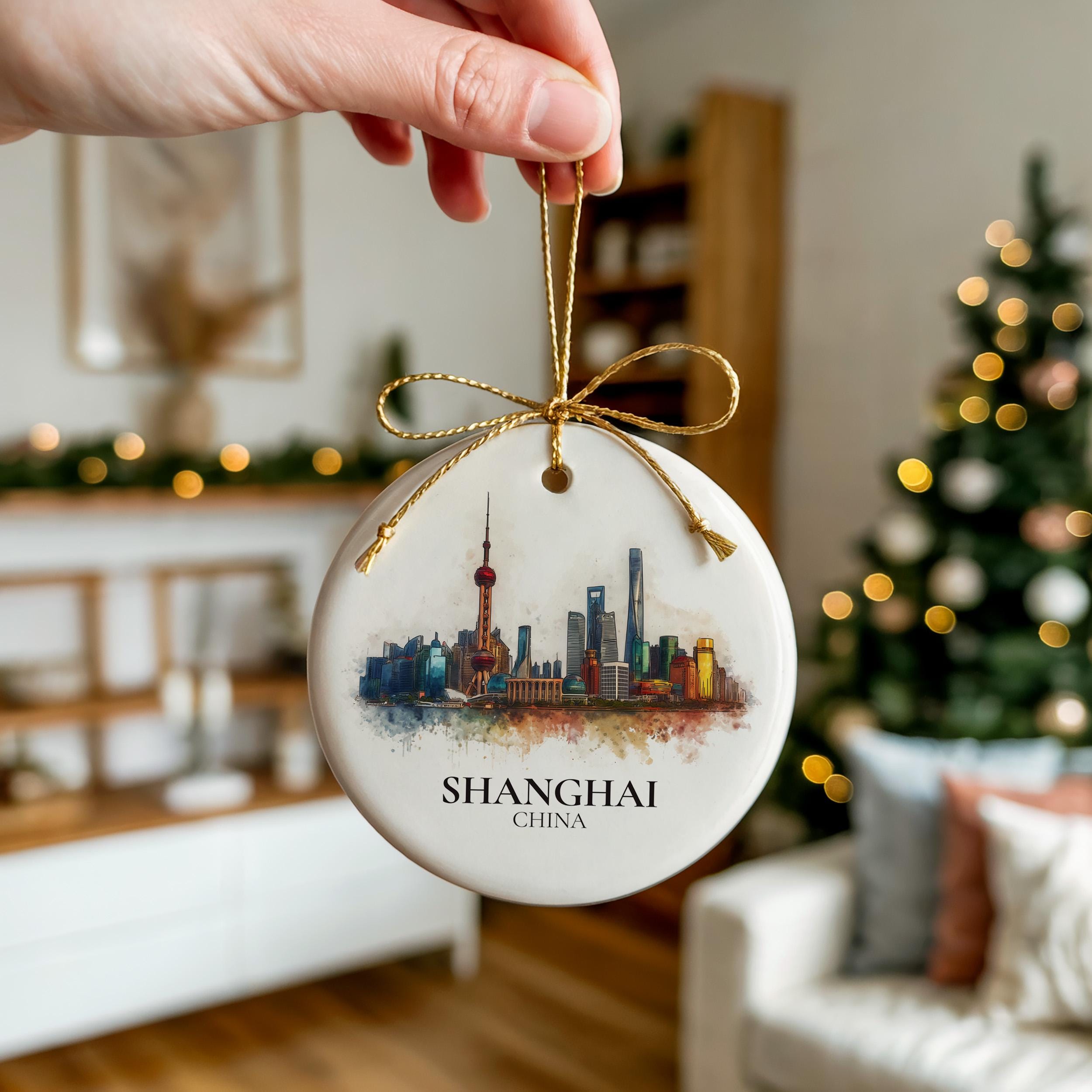 Shanghai China Personalized Watercolor Ornament, Custom Ceramic Christmas gift, Travel Keepsake