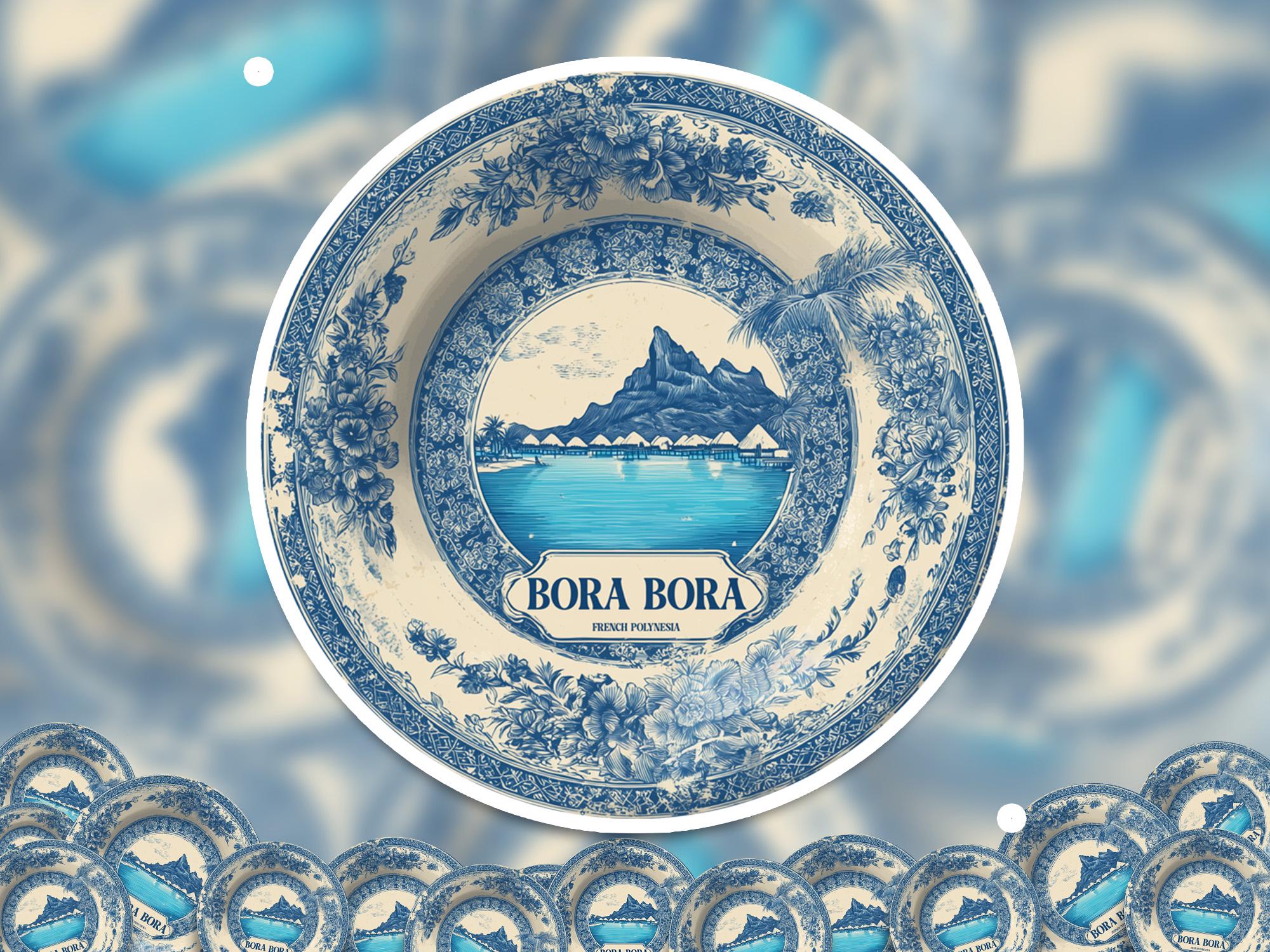 Bora Bora Sticker French Polynesia Vintage Delft style, Delftware Decal Waterproof Vinyl, Blue City Travel