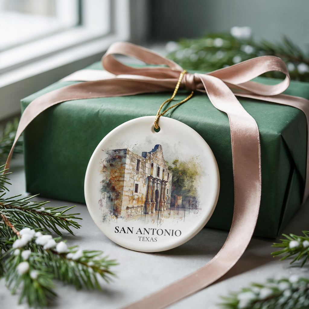 San Antonio Personalized Watercolor Ornament, Texas Custom Ceramic Christmas gift, Travel Keepsake