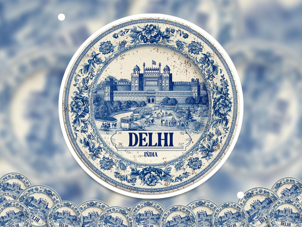 Delhi India Sticker Vintage Delft style, Delftware Decal Waterproof Vinyl, Blue City Travel