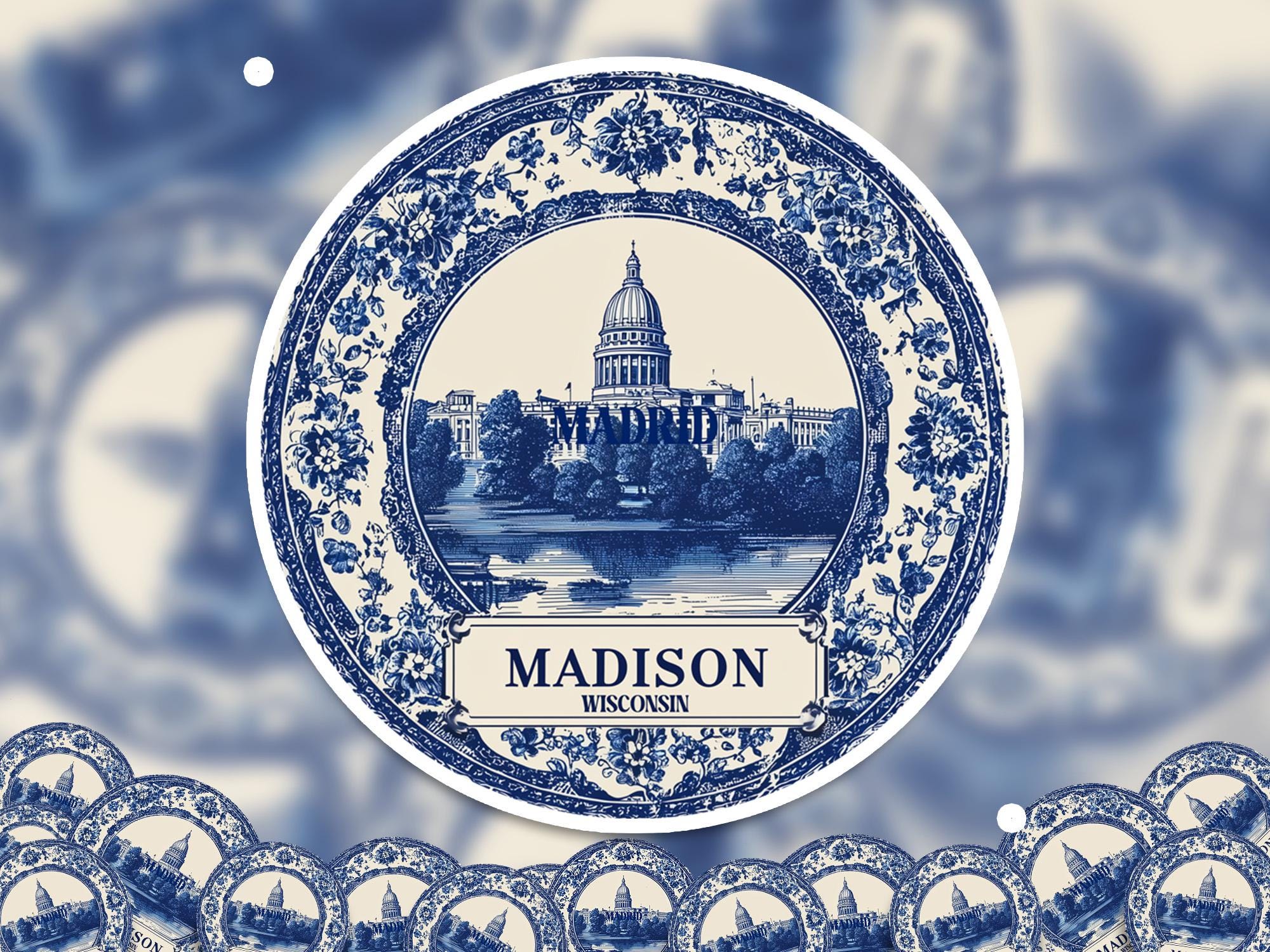Madison Wisconsin Sticker Vintage Delft style, Delftware Decal Waterproof Vinyl, Blue City Travel