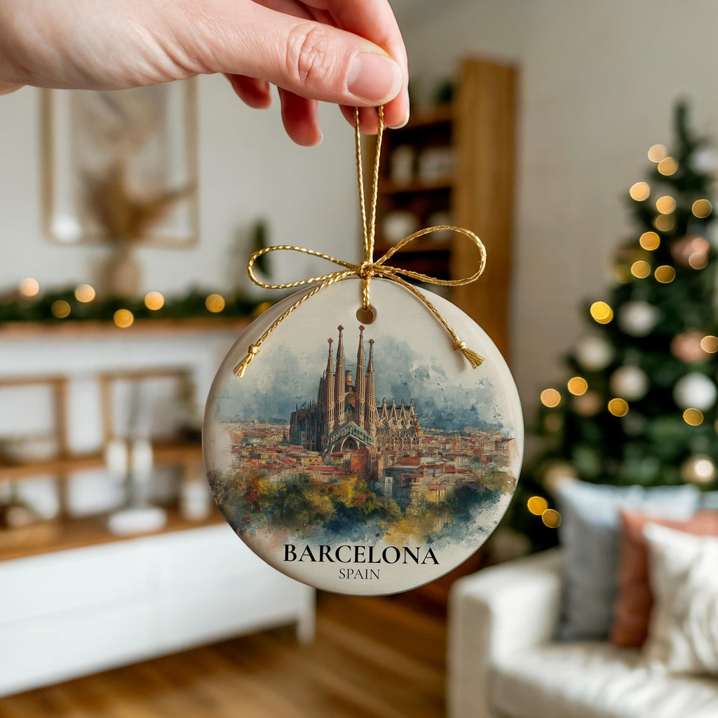 Barcelona Spain Personalized Watercolor Ornament, Custom Ceramic Christmas gift, Travel Keepsake