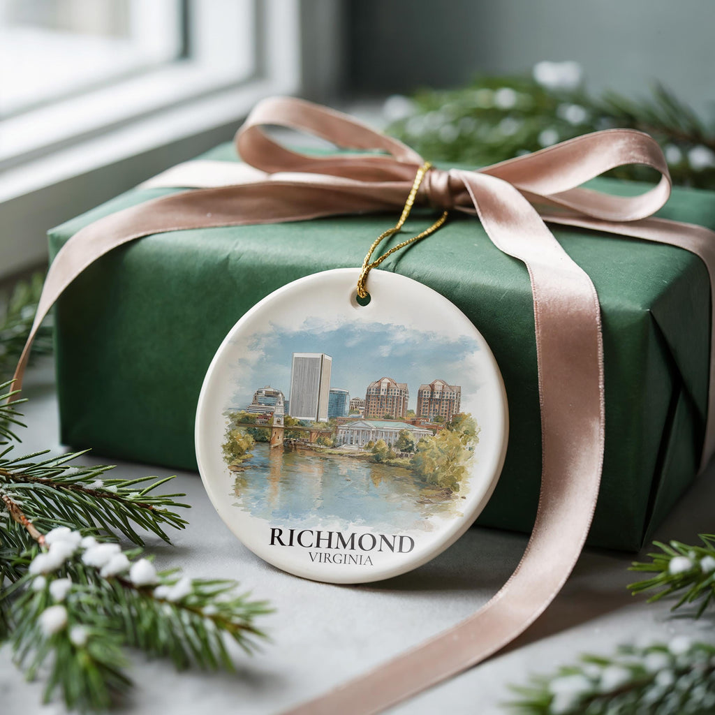 Richmond Virginia Personalized Watercolor Ornament, Custom Ceramic Christmas gift, Travel Keepsake
