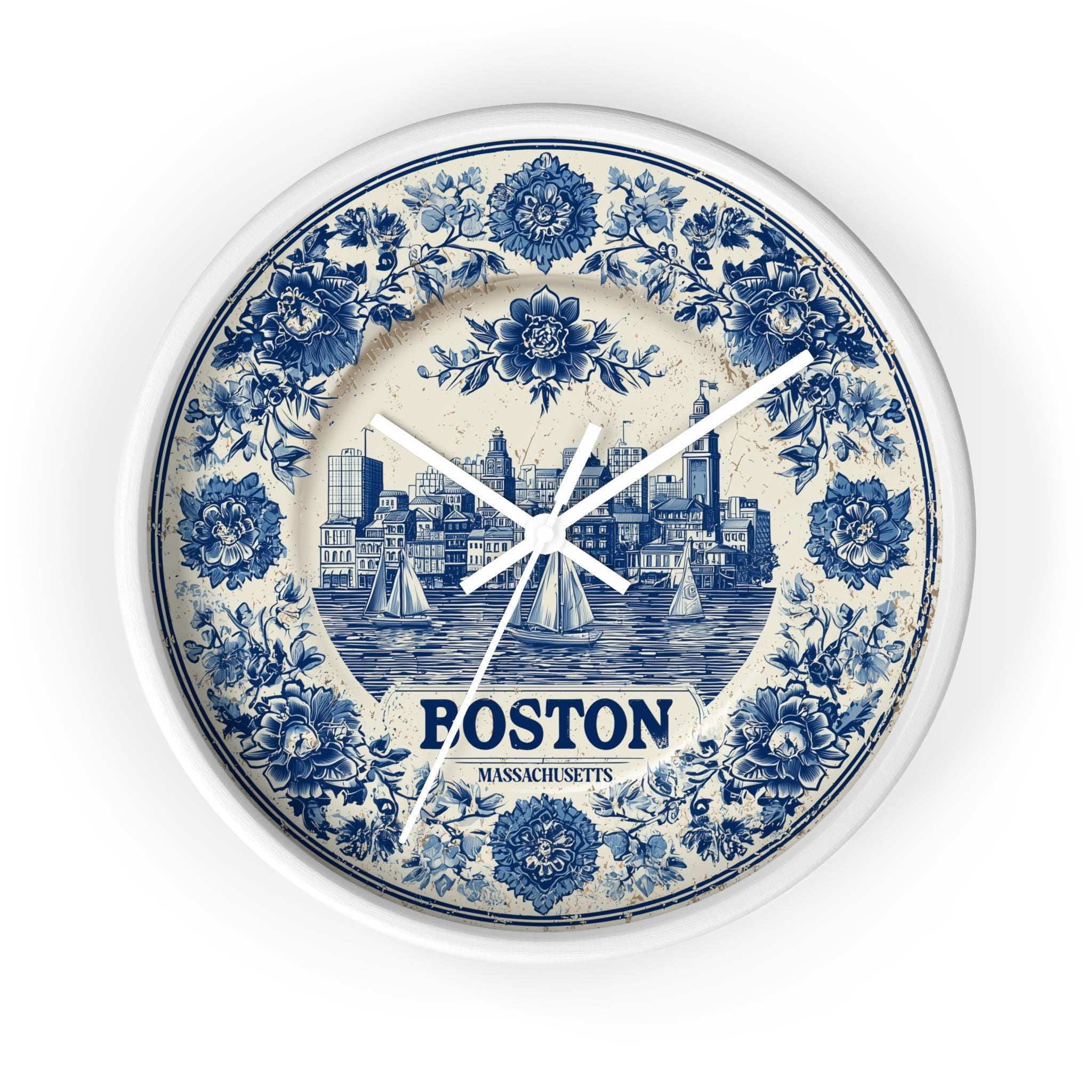 Boston Massachusetts Wall Clock, Delf style Home Decor, Vintage City Travel Keepsake Art