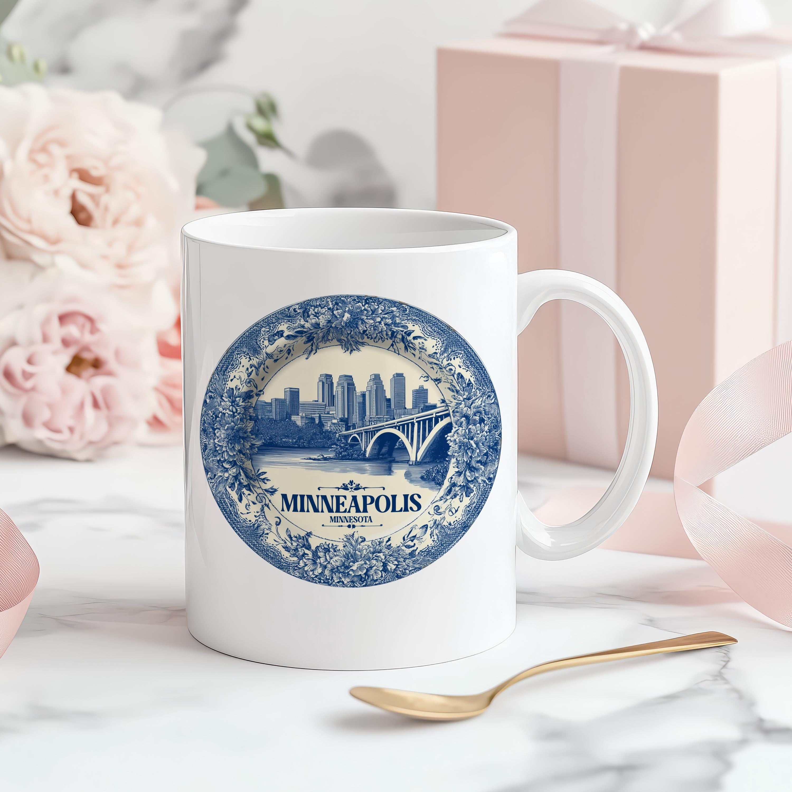 Minneapolis Minnesota Mug, Custom Delft Style cup, Personalized Vintage Travel City Gift