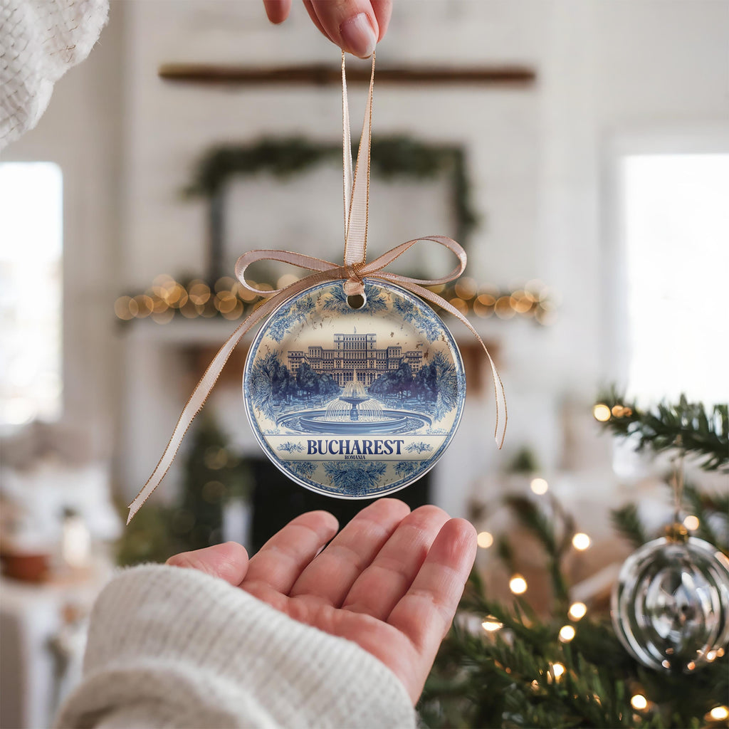 Custom Bucharest Romania Ceramic Delft Ornament, Christmas Delftware Blue Delftware city travel