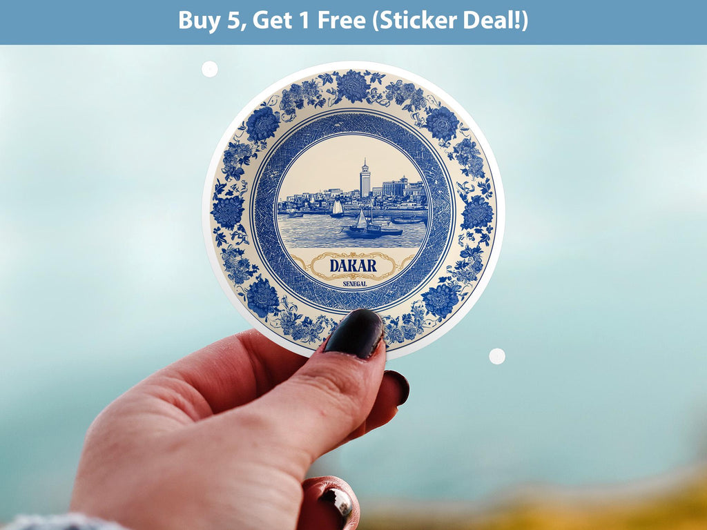 Dakar Senegal Sticker Vintage Delft style, Delftware Decal Waterproof Vinyl, Blue City Travel