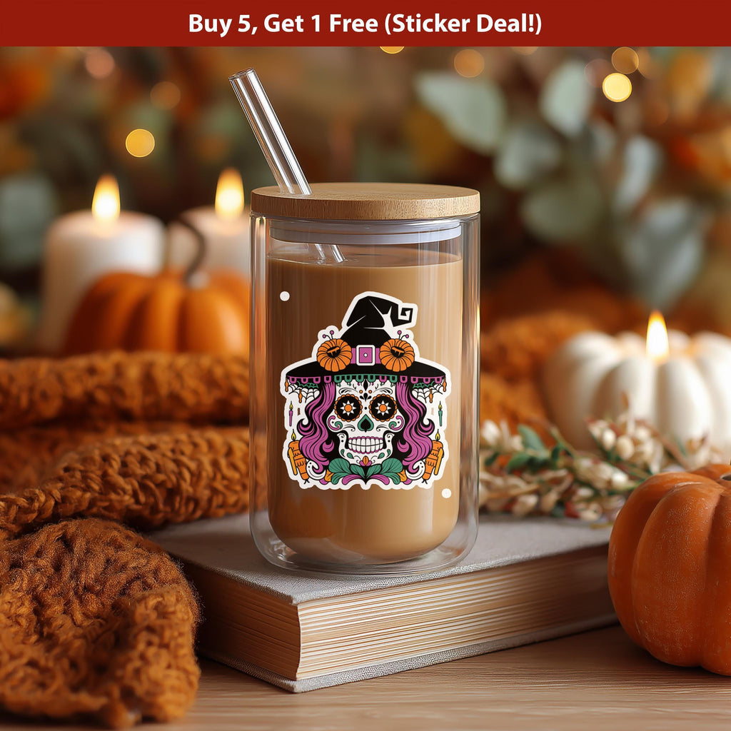 Sugar Skull Witch Sticker, Day of the Dead Halloween Decal, Floral Goth Vinyl