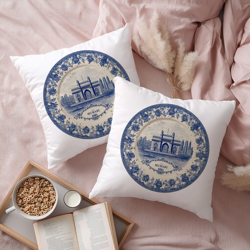 Mumbai India Pillowcase, Delft Style Decorative Throw Pillow, Vintage Cityscape Retro Home Decor