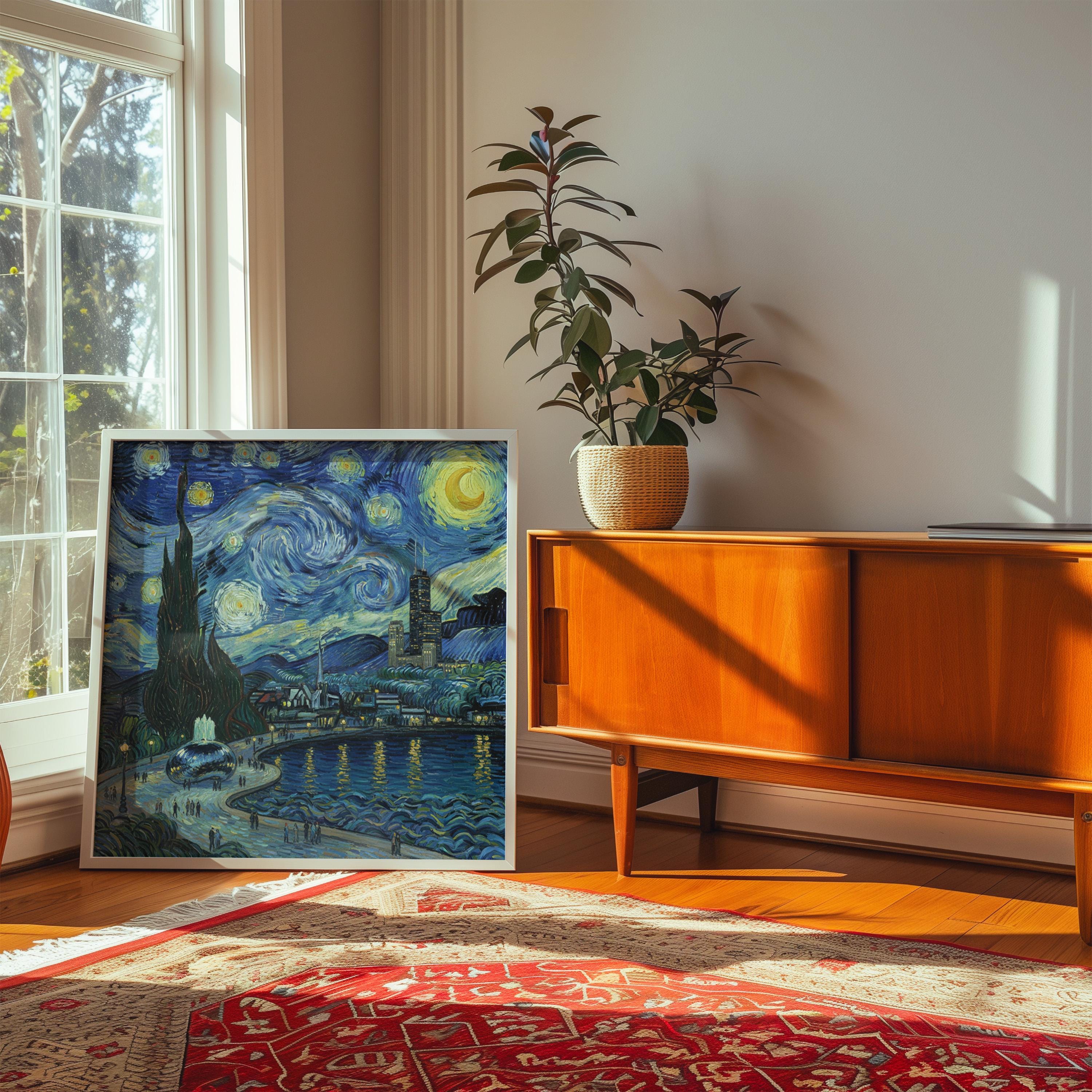 Chicago Illinois Starry Night Wall Art, Van Gogh Print, Travel Gift Home Decor