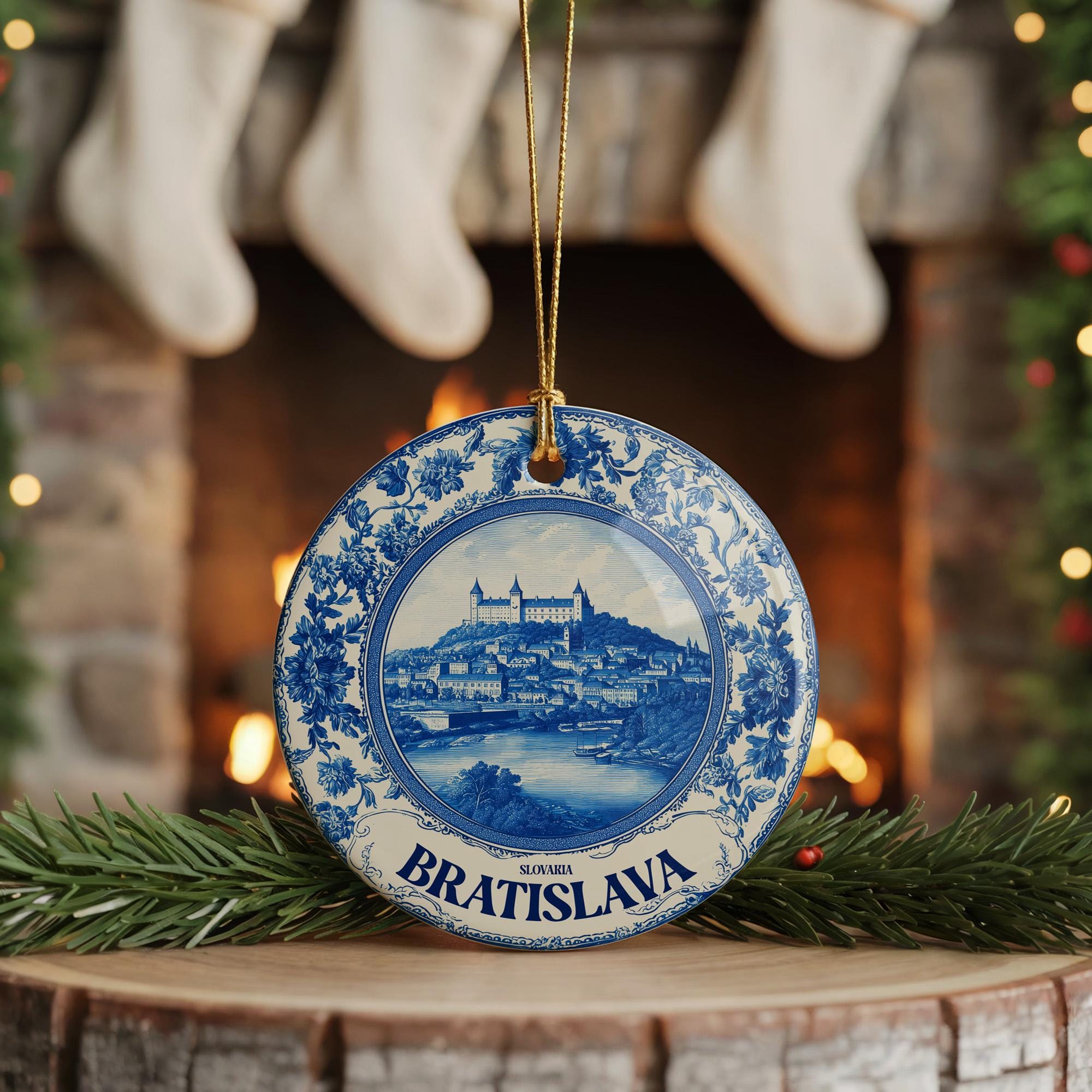 Custom Bratislava Slovakia Ceramic Delft Ornament, Christmas Delftware Blue Delftware city travel