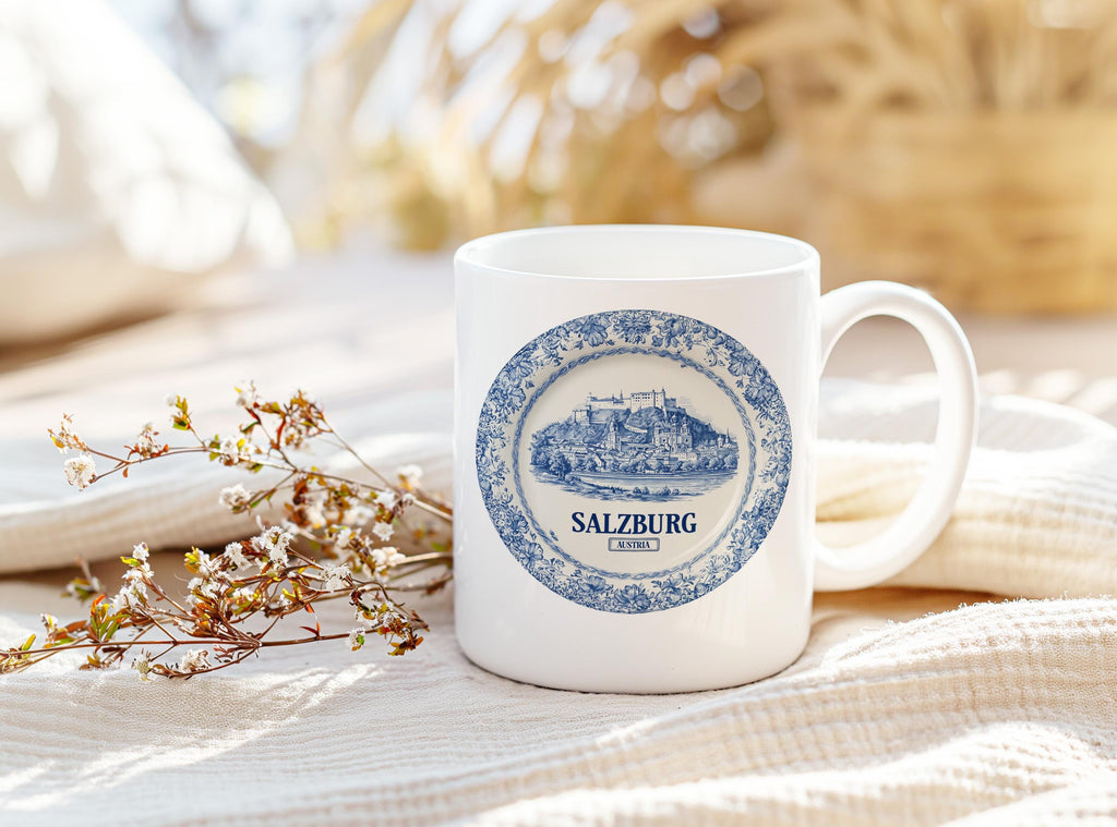 Salzburg Austria Mug, Custom Delft Style cup, Personalized Vintage Travel City Gift