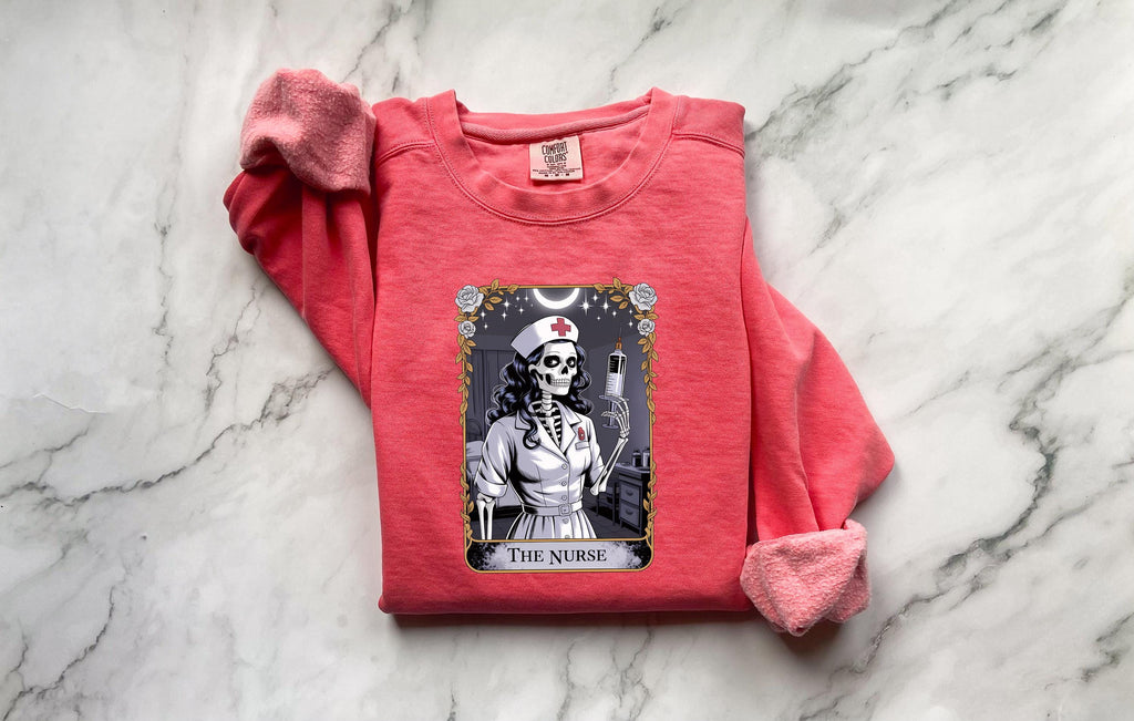 Halloween Nurse Skeleton Sweatshirt, Gothic Tarot Card Medical Pullover, Creepy RN Skull Top, Witchy Fall Aesthetic Shirt, Gift for Nurse