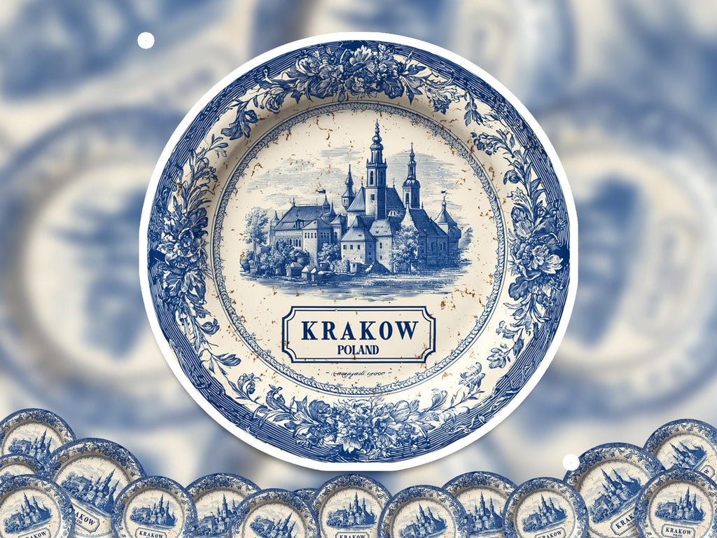 Krakow Poland Sticker Vintage Delft style, Delftware Decal Waterproof Vinyl, Blue City Travel