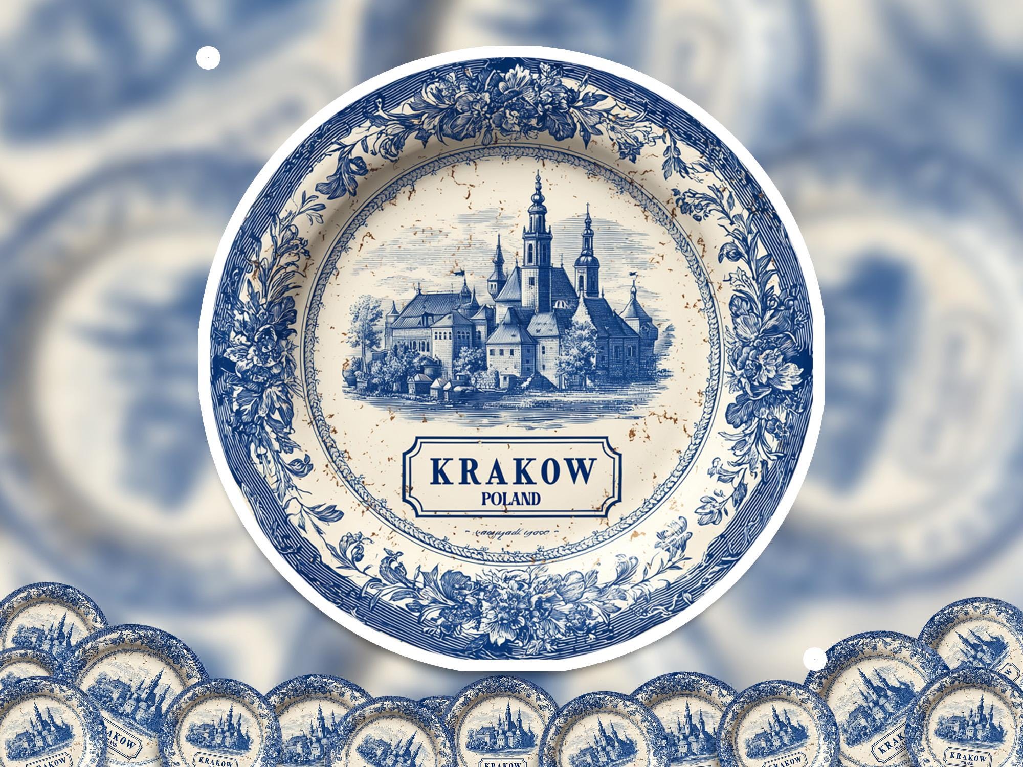 Krakow Poland Sticker Vintage Delft style, Delftware Decal Waterproof Vinyl, Blue City Travel
