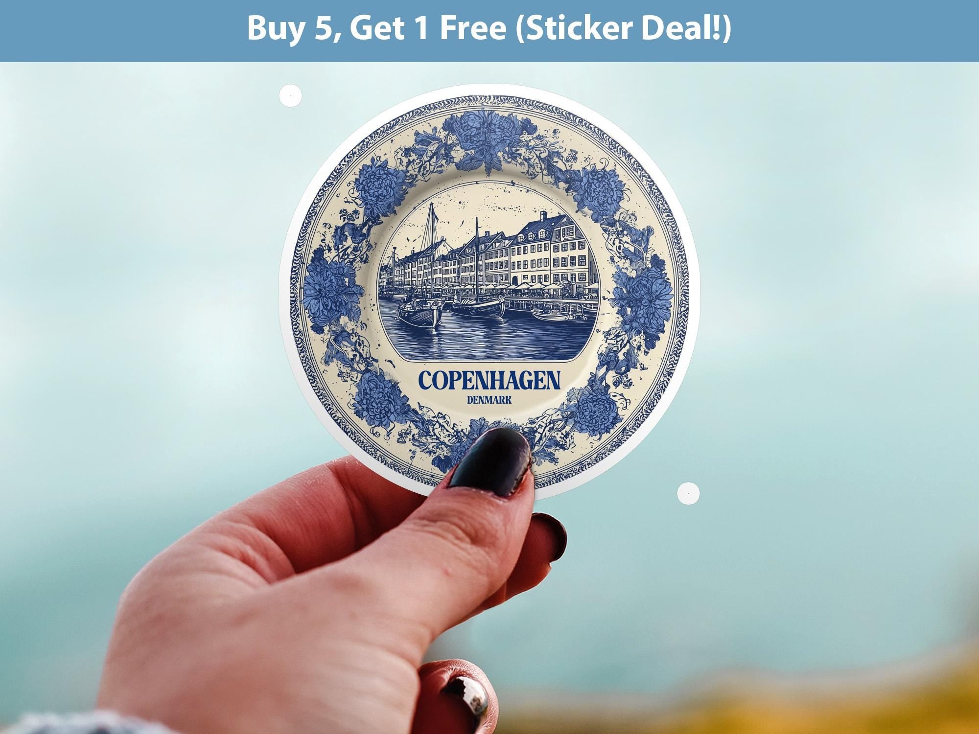 Copenhagen Denmark Sticker Vintage Delft style, Delftware Decal Waterproof Vinyl, Blue City Travel