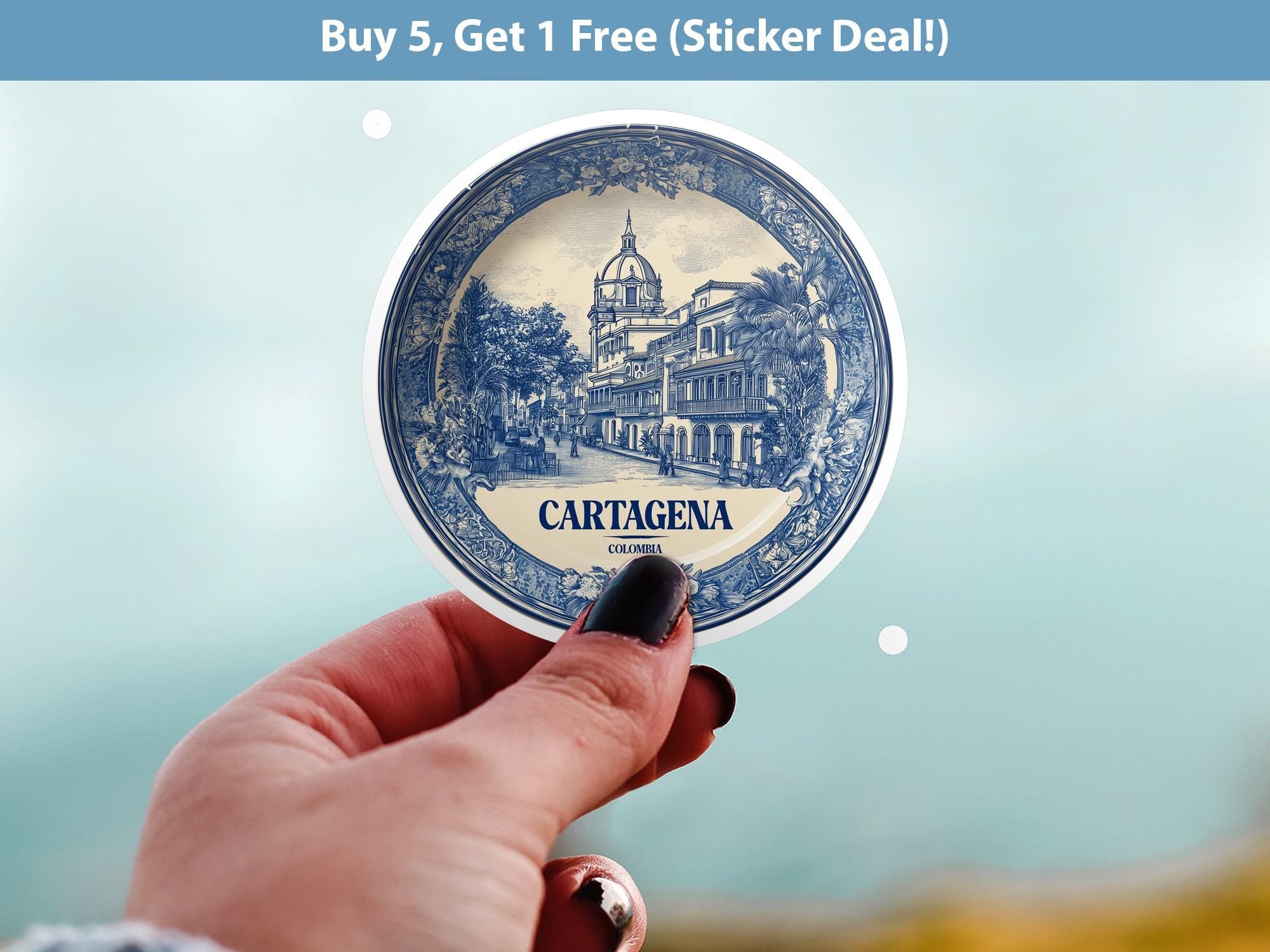 Cartagena Colombia Sticker Vintage Delft style, Delftware Decal Waterproof Vinyl, Blue City Travel