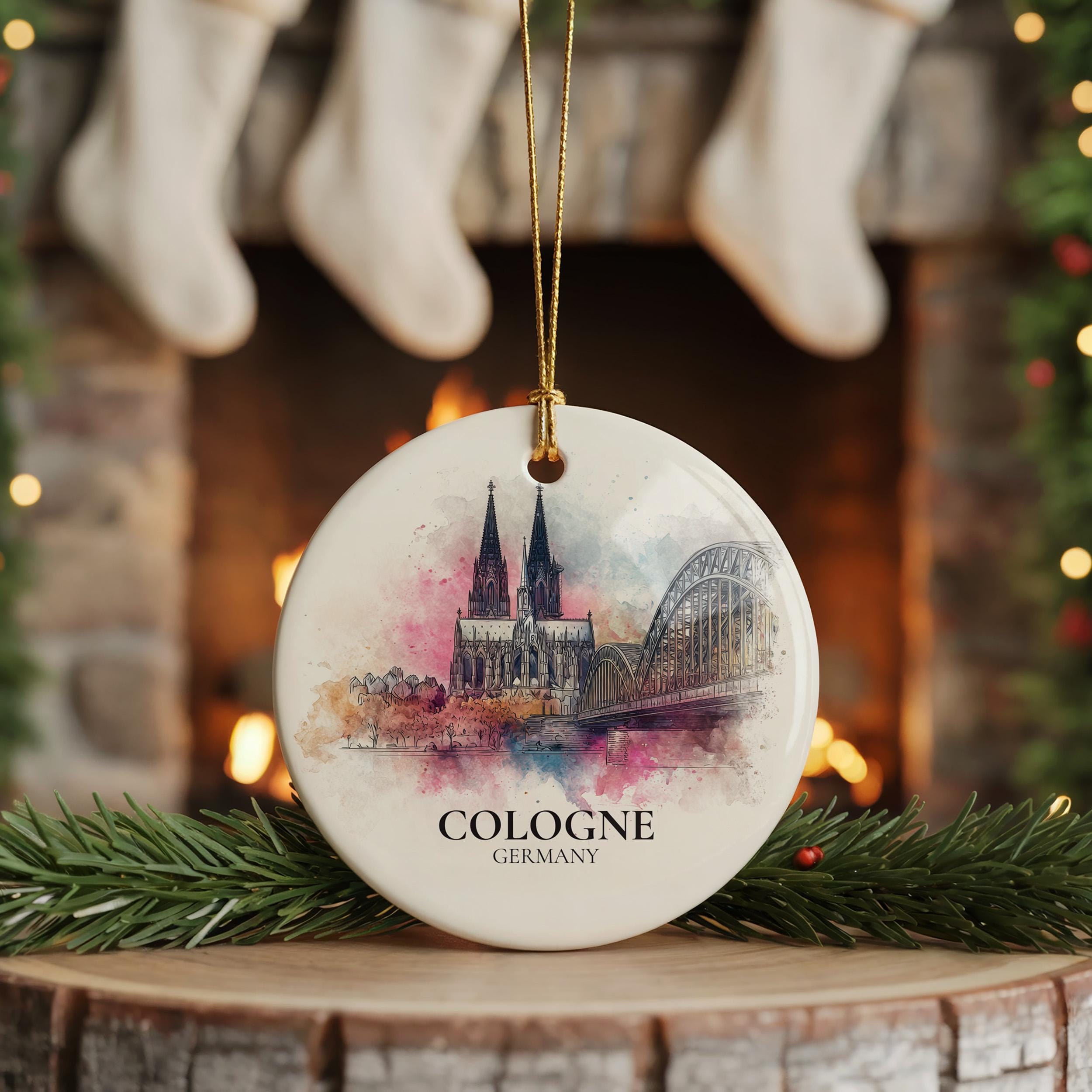 Cologne Germany Personalized Watercolor Ornament, Custom Ceramic Christmas gift, Travel Keepsake