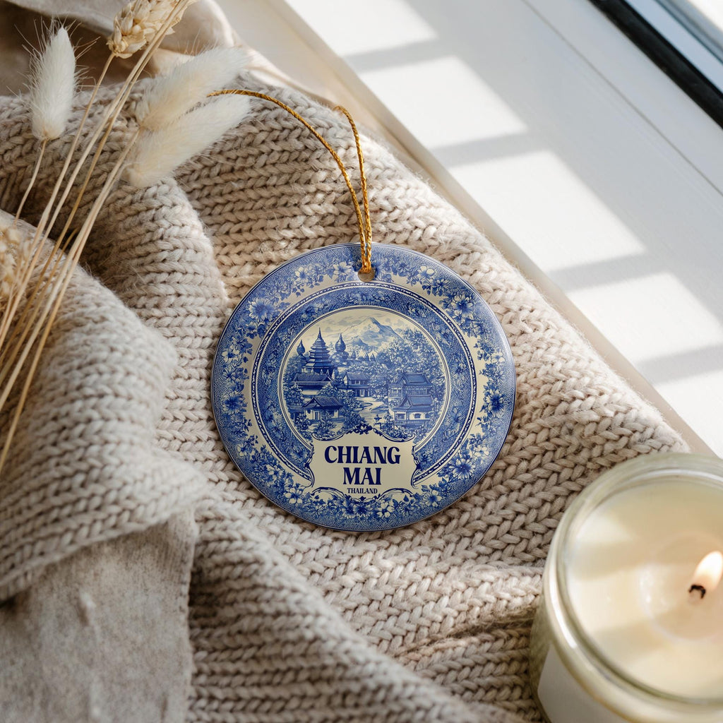 Custom Chiang Mai Thailand Ceramic Delft Ornament, Christmas Delftware Blue Delftware city travel